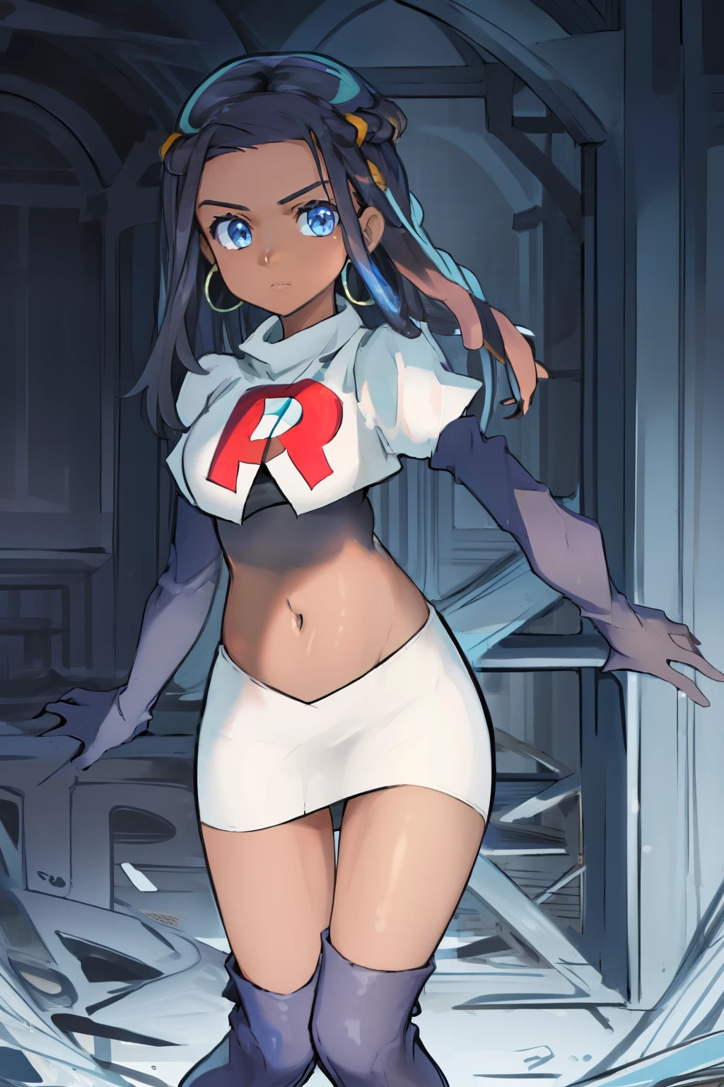 ((masterpiece,best quality)),  absurdres,
Nessa_Pokemon, 
1girl, solo, dark skin, blue eyes, black hair, blue hair, two-tone hair, earrings, 
solo, looking at viewer, cowboy shot, team rocket,team rocket uniform,white skirt,red letter R,crop top,black thigh-highs,black elbow gloves,,