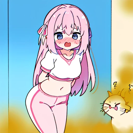 High quality、16 km race、anime screen capture、(((NSFW)))、(((bukkake)))、Lori、low length、(((smaller breasts)))、(obesity)、(thick thighs)、(Pink hair)、(((Wavy Hair)))、Ahoge、(Barrette)、 (short hair)、bob cut、(dripping sweat)、:o、(Mouth wide open)、((Orange eyes))、light blue striped knee socks、Light blue striped bikini、yellow headphones、big ass、(cat pose)、(((((embarrassing)))))、Hands behind the head、both armpits、idol costume、Bathroom、(((bubble baths)))、sitting on the floor、legs spread、