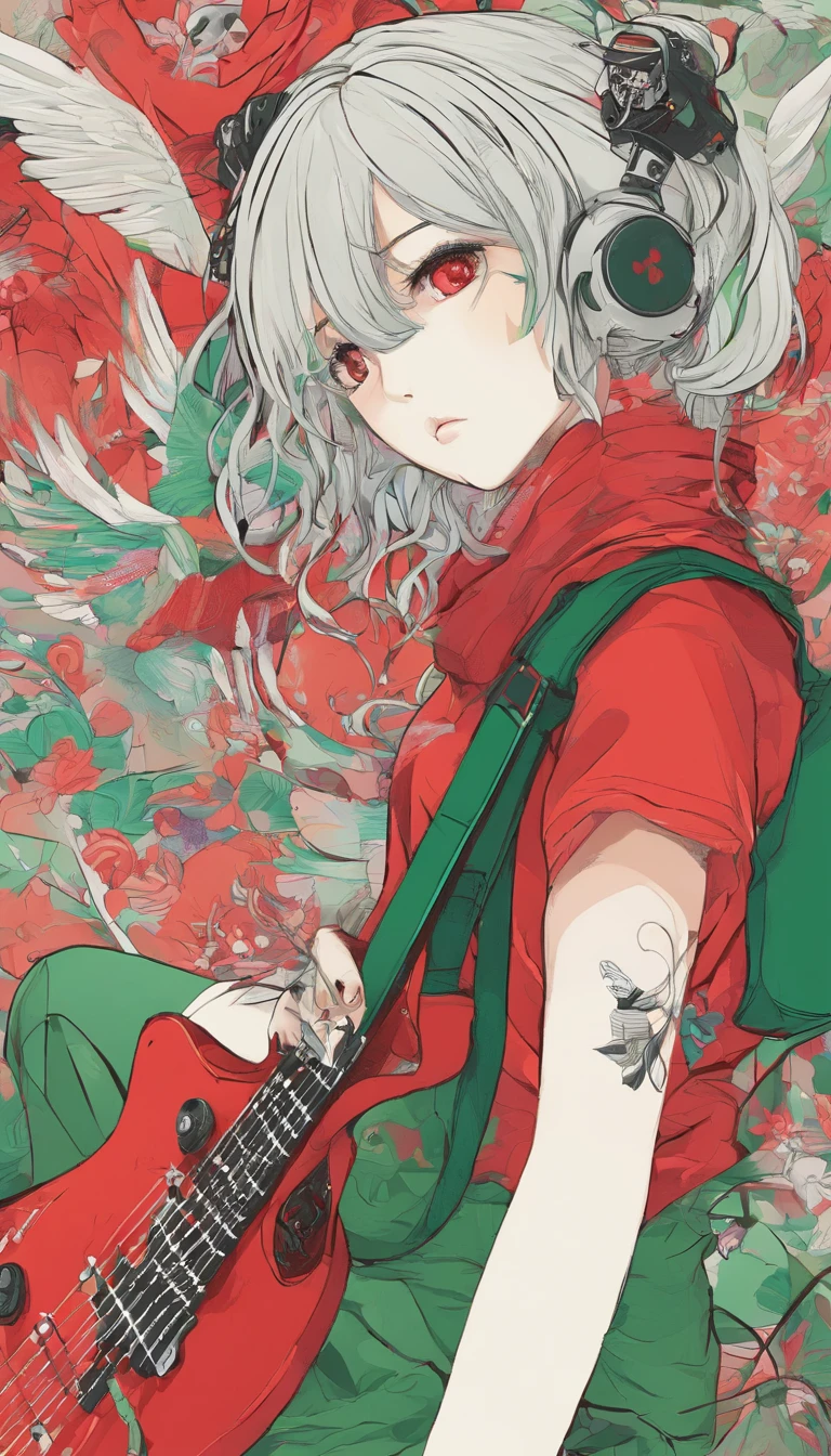 , a young asian girl of 18 years , ojos rasgados, Small eyebrows, pelo largo rubio palido con mechas verdes, , usando una camiseta roja con una calavera y un shorts de mezclilla, tocando la guitarra