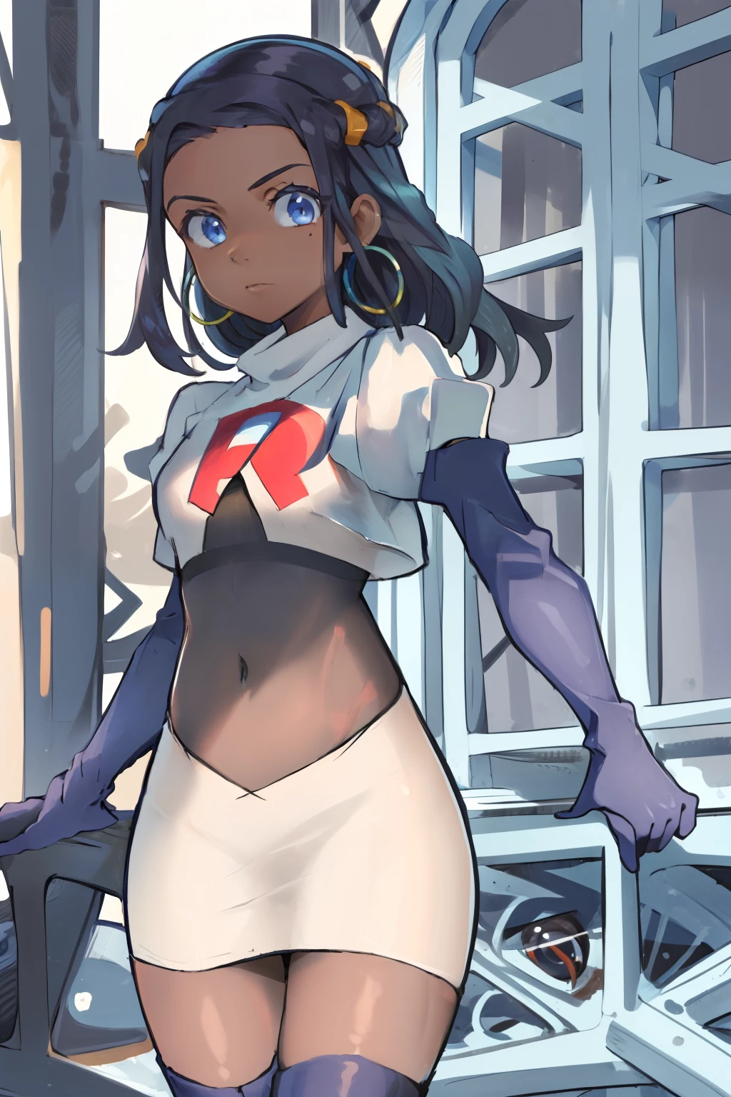 ((masterpiece,best quality)),  absurdres,
Nessa_Pokemon, 
1girl, solo, dark skin, blue eyes, black hair, blue hair, two-tone hair, earrings, 
solo, looking at viewer, cowboy shot, team rocket,team rocket uniform,white skirt,red letter R,crop top,black thigh-highs,black elbow gloves,,