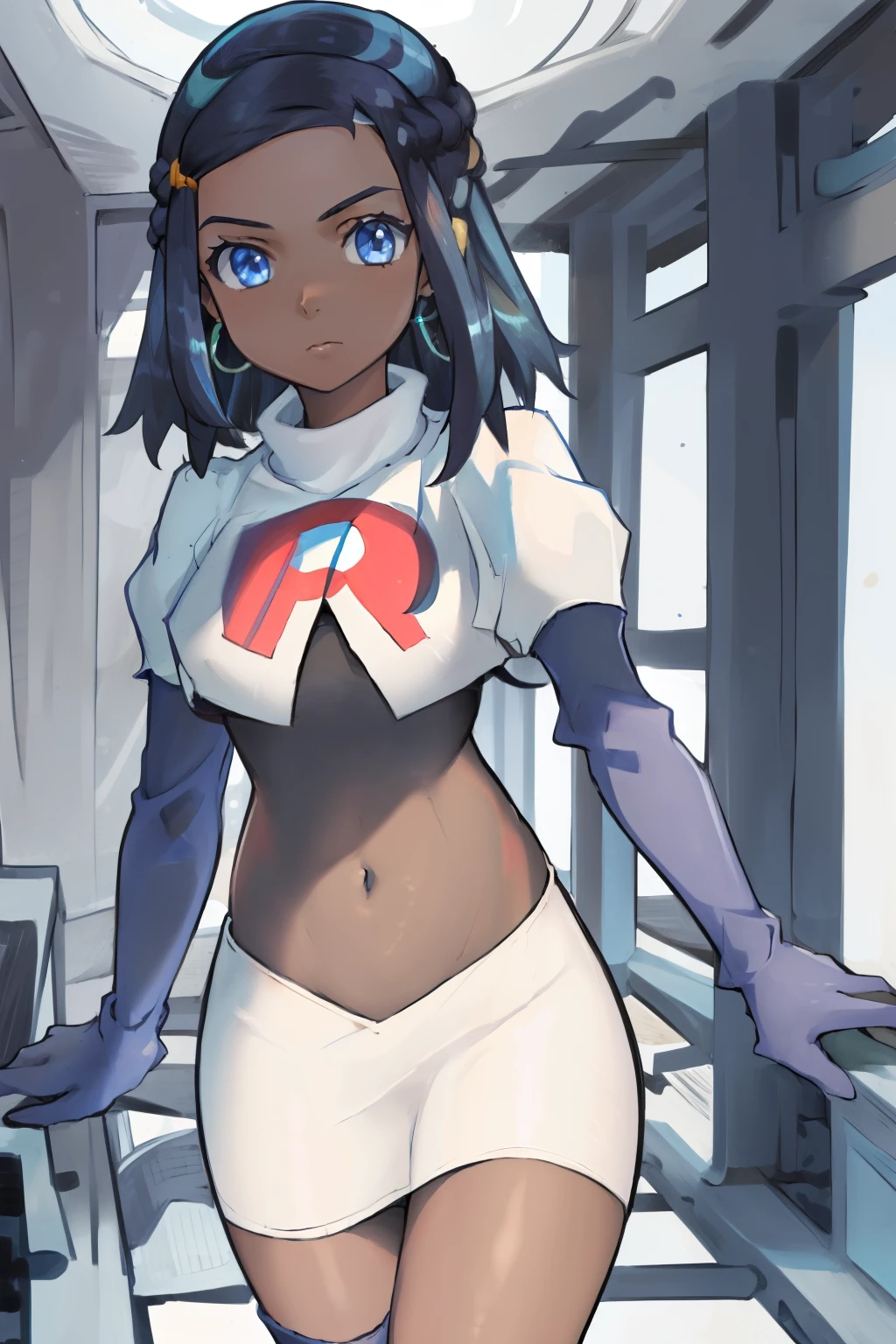 ((masterpiece,best quality)),  absurdres,
Nessa_Pokemon, 
1girl, solo, dark skin, blue eyes, black hair, blue hair, two-tone hair, earrings, 
solo, looking at viewer, cowboy shot, team rocket,team rocket uniform,white skirt,red letter R,crop top,black thigh-highs,black elbow gloves,,