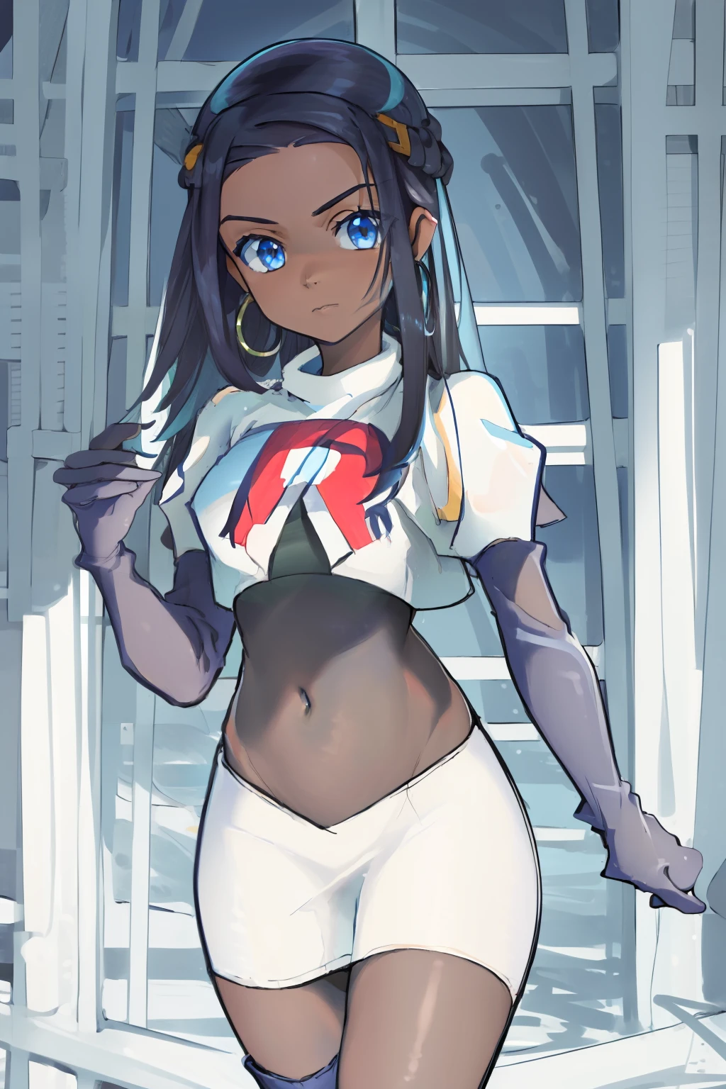 ((masterpiece,best quality)),  absurdres,
Nessa_Pokemon, 
1girl, solo, dark skin, blue eyes, black hair, blue hair, two-tone hair, earrings, 
solo, looking at viewer, cowboy shot, team rocket,team rocket uniform,white skirt,red letter R,crop top,black thigh-highs,black elbow gloves,,