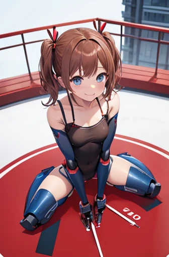 Completely naked, no clothes, masterpiece, very short pigtails,brown hair, Hair tie with two big red clothespins, mature, Female robot, android, mechanical robot, joint seam, blue eyes, full body figure, Height: 160cm, flushed cheeks, 2020s anime picture, ball joint, missionary angle, joy, A big smile, jump　A beautiful robot with short brown hair in two short pigtails held up by two large red clothespins.　25 years old　2020s anime picture　blue eyes　Uplifting, No NSFW, whole body, spread legs, leaning over, Uterine prolapse, Handstand