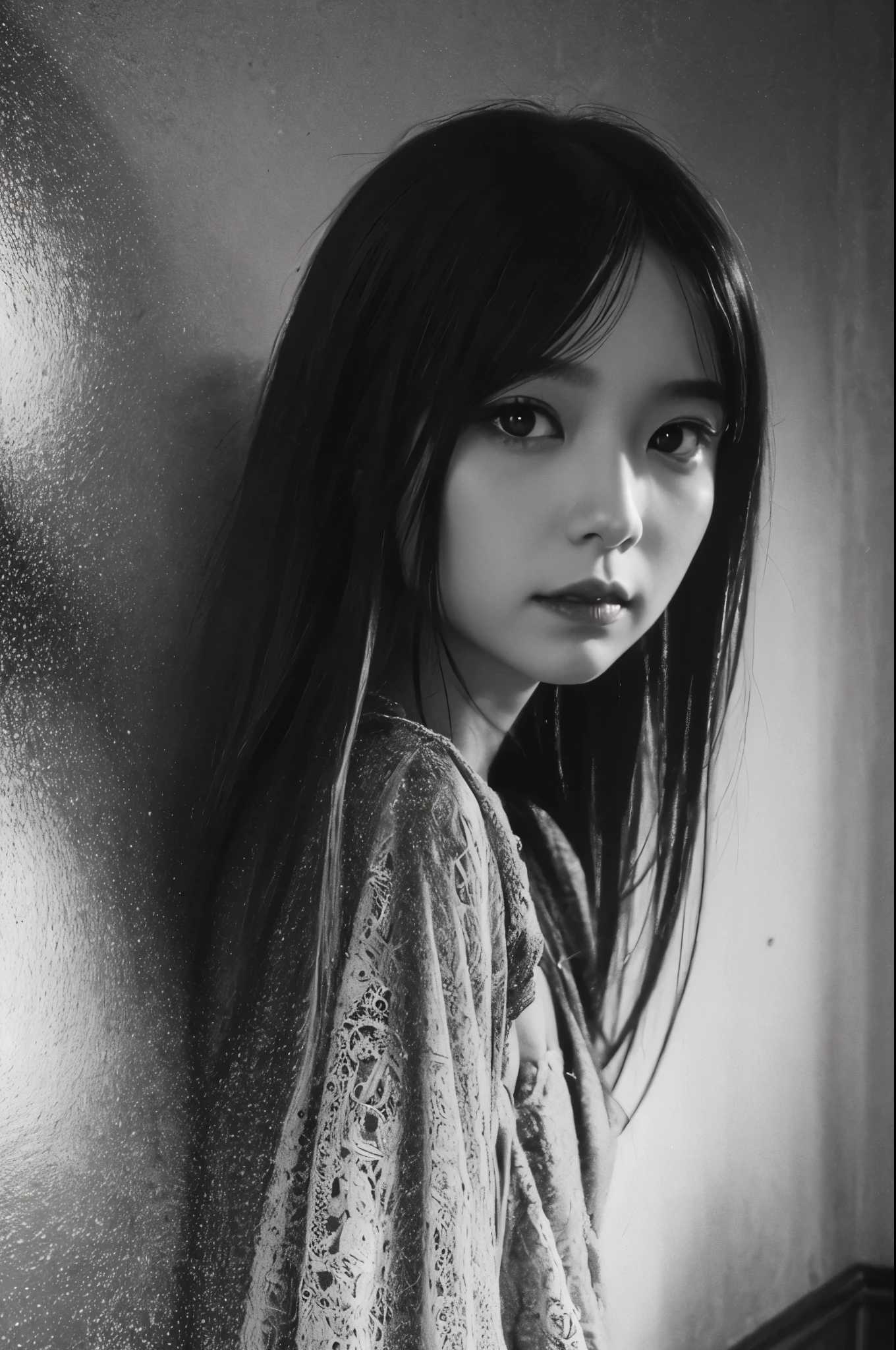 ((niji illustrated art style by Greg Rutkowski, Ilya Kuvshinov,Stanley Artgerm Lau, Ruan Jia and Fenghua Zhong)), ((([female nosferatu vampire peeking around a corner])), thin, frail, horror, scary, (black and white greyscale, inside an ancient decrepit moonlit, castle trending on ArtStation, subtle, Fantasy Art, Capturing the Romantic Essence with Textured Brushwork