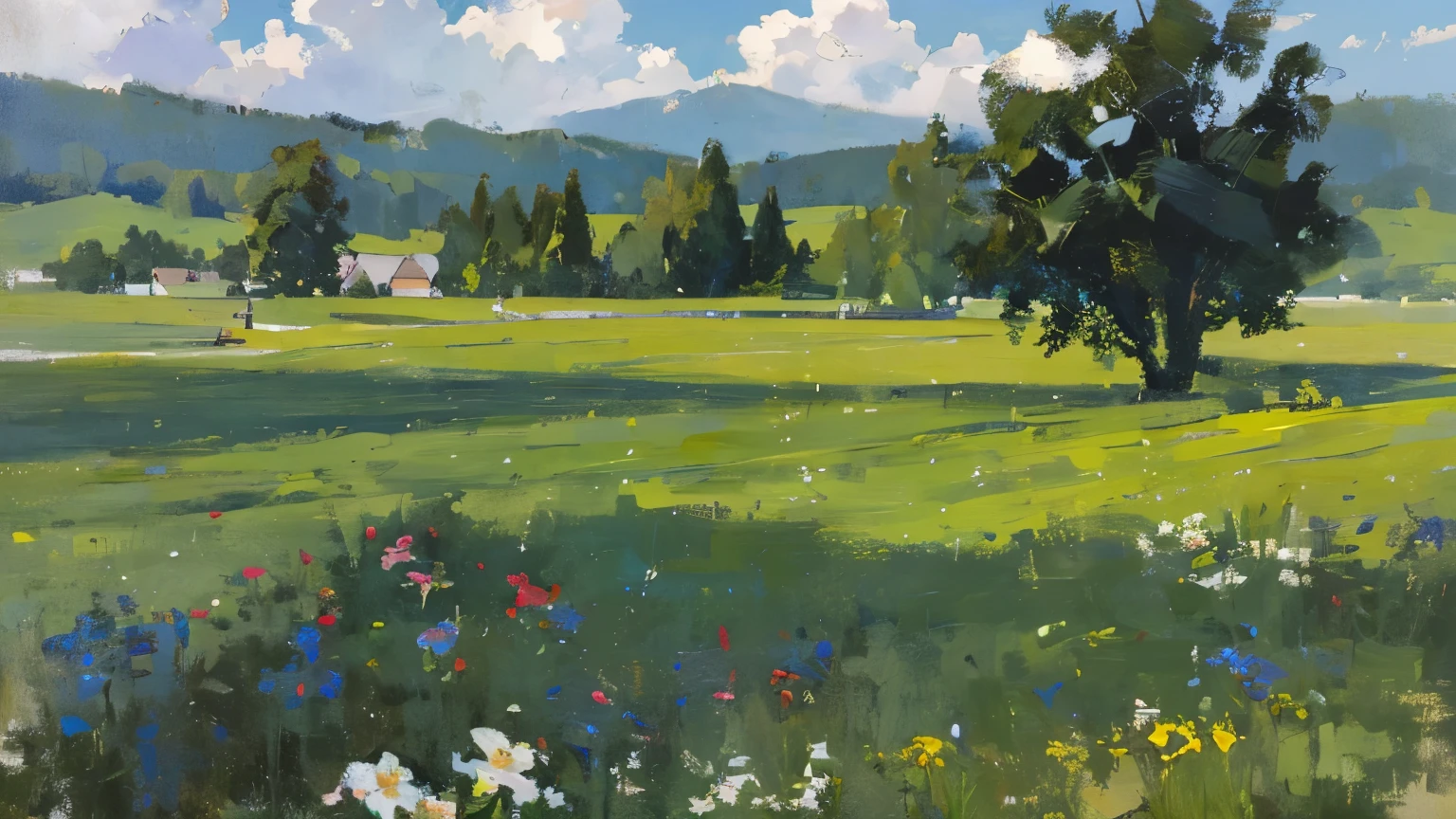 summer,Oil painting style brushstrokes，（specific flowers）（bouquet）A few small flowers, flower field,A few trees in the distance paradise, large clouds, blue sky, The weather is hot, HD details, Ultra-detailed, Normal, soft light, Deep field focus bokeh，Volumetric light