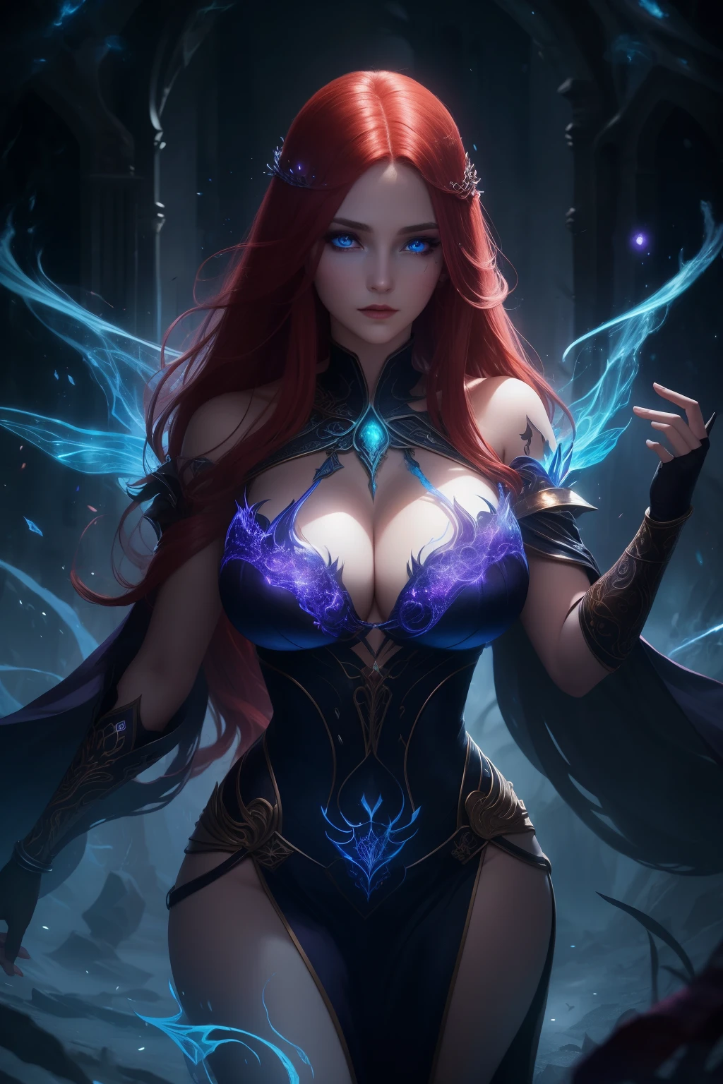 Powerful sorceress posing for a close up, enchantress in glowing dress (bare shoulders), hourglass figure, curvy, cleavage, long flowing red hair, lush red lips, wanting a kiss, facing viewer, looking at viewer, eager to enslave viewer, enticing viewer with magic, highly detailed face, alluring blue eyes, real, symmetrical, high detail, best quality, astral body, chaos atmosphere, dark fantasy, 1female, bioluminescent magic elements, clothes, 8k purple magic