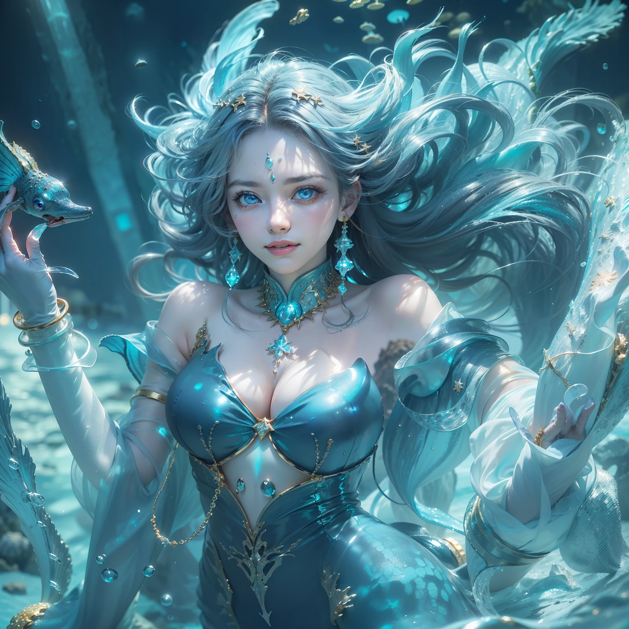 (award-winning masterpiece galore, incredibly detailed, textures and maximum detail), (full body view:1.6), (hyper realistic:1.4), (realistic:1.3), (upper body close-up:0.4), (many gold and silver treasures are sunken: 1.8), (top quality realistic textured skin ), (((underwater))), (deep sea:1.5), (dark sea at night:1.6)), (detailed true circle symmetrical eye-catching exquisite face, ((medieval world)), (full body view:1.6)), ((mermaid princesermaid nobility)), (eyes burning bright and icy), (( She has a mischievous smile on her face), (sunken ship with treasures :1.4), A temple sunken in a coral reef, ancient sunken city, sunken temple, sunken cathedral, sunken temple ruins, sunken detached temple, sunken ruins of an ancient castle, shining magnificent water and light, coral reef, (blue eyes shining in the dark :1.5), (pair of ice blue eyes with intense blue light from within:1.5), (bioluminescence:1.5), (full body view:1.6), (swirling water and currents in background), (dramatic light), (magnificent scene), (her expression gentle and beautiful), glass earrings in ears, (dramatic photograph:1.4), (( dramatic pose)), (gorgeous photograph), (beautiful hair), (full-length view:1.6), ((looking up)), ((looking down)), (elaborately crafted necklace around her neck), (bright sparkling bioluminescence:1.3), (flashy hydro magic used:1. 2), (beautiful fish around), (glowing magic circle:1.5), (full body view:1.6), epic realistic, faded, art, (Greg Rutkowski:0.8), (teal and orange:0.4), (art station:1.5), cinematic, ((neutral colors)), (HDR:1.5), ( Subdued colors:1.2), Highly detailed, Dramatic light, (Complex details:1.1), Complex background, (Lens flare:1.3)、Snowflake Background