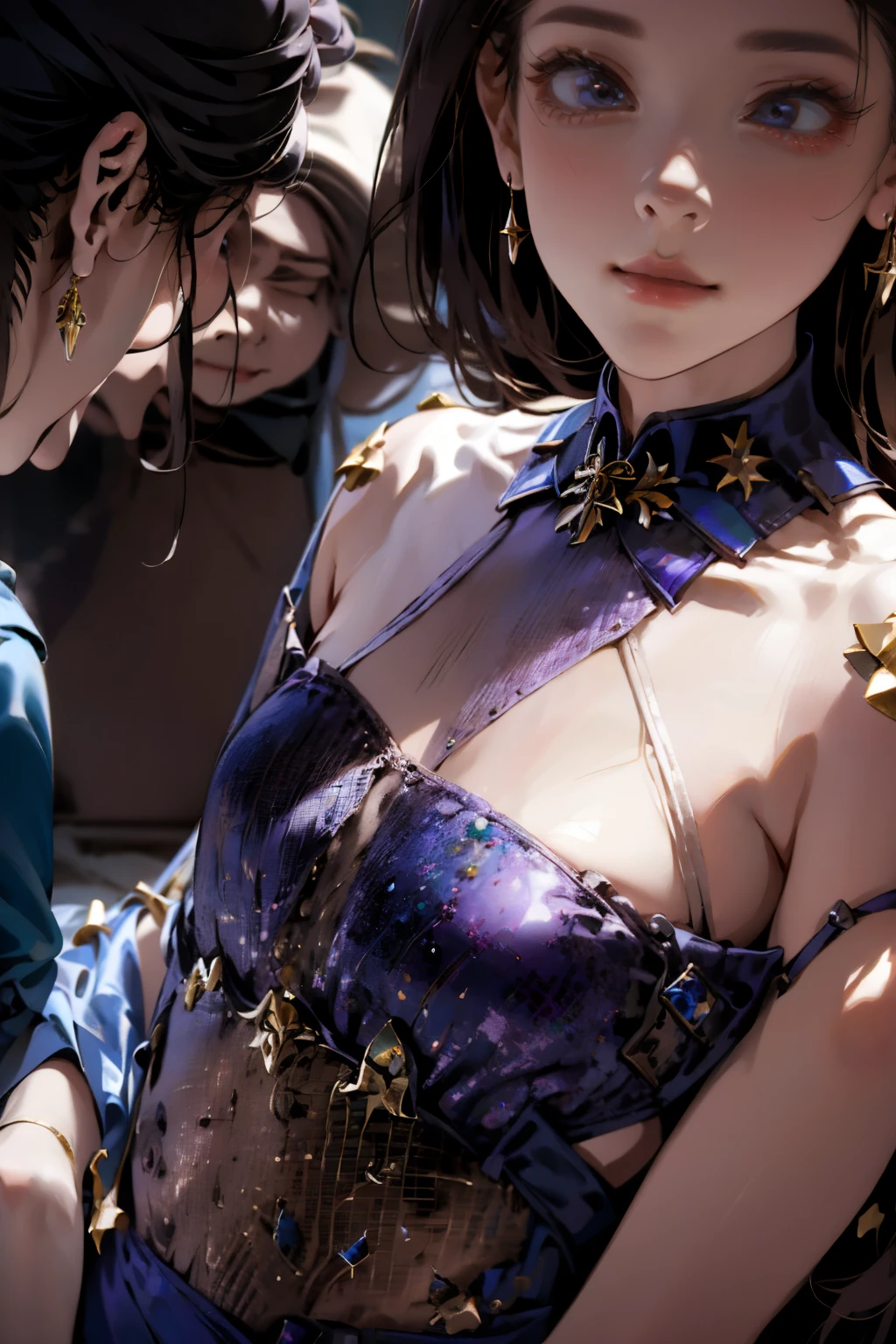 A close-up of a woman in a purple dress posing for a photo, con un vestido hecho de estrellas, tapa morada, Iridescent transparent lingerie, usando un vestido brillante, Gif Glitter, vestido glitter, yanjun chengt, vestido sexy, con estrellas, con una cintura delgada, preciosa modelo china, dilraba dilmurat, purple sparkles, reluciente