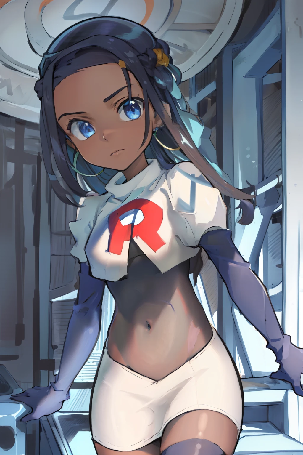 ((masterpiece,best quality)),  absurdres,
Nessa_Pokemon, 
1girl, solo, dark skin, blue eyes, black hair, blue hair, two-tone hair, earrings, 
solo, looking at viewer, cowboy shot, team rocket,team rocket uniform,white skirt,red letter R,crop top,black thigh-highs,black elbow gloves,,