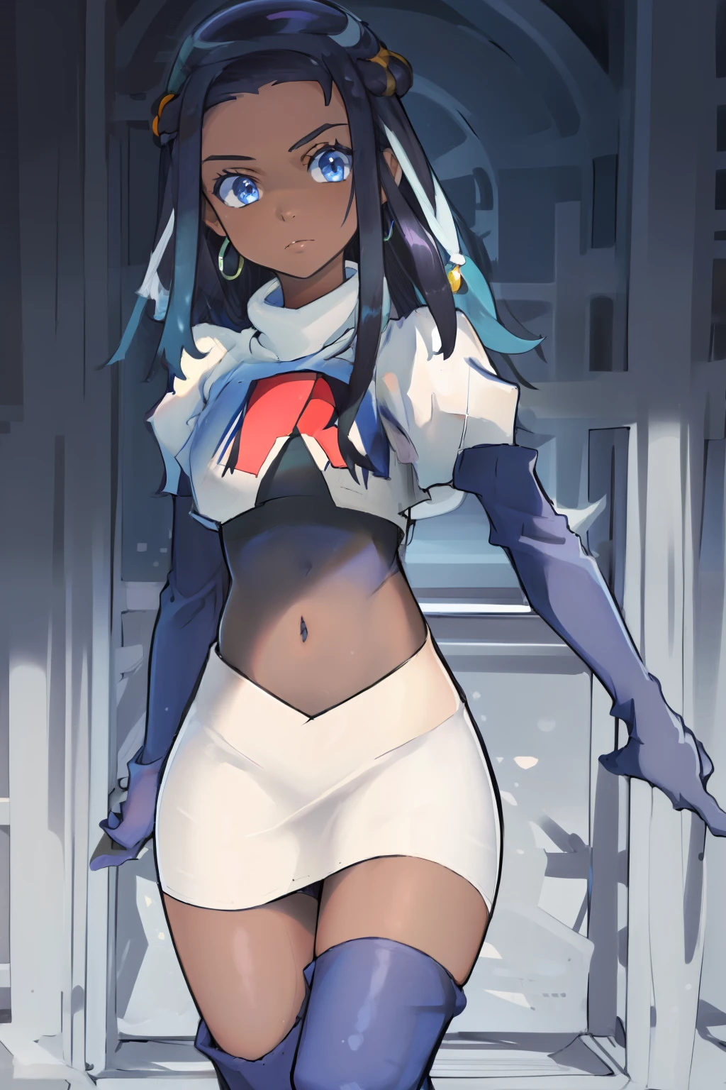 ((masterpiece,best quality)),  absurdres,
Nessa_Pokemon, 
1girl, solo, dark skin, blue eyes, black hair, blue hair, two-tone hair, earrings, 
solo, looking at viewer, cowboy shot, team rocket,team rocket uniform,white skirt,red letter R,crop top,black thigh-highs,black elbow gloves,,