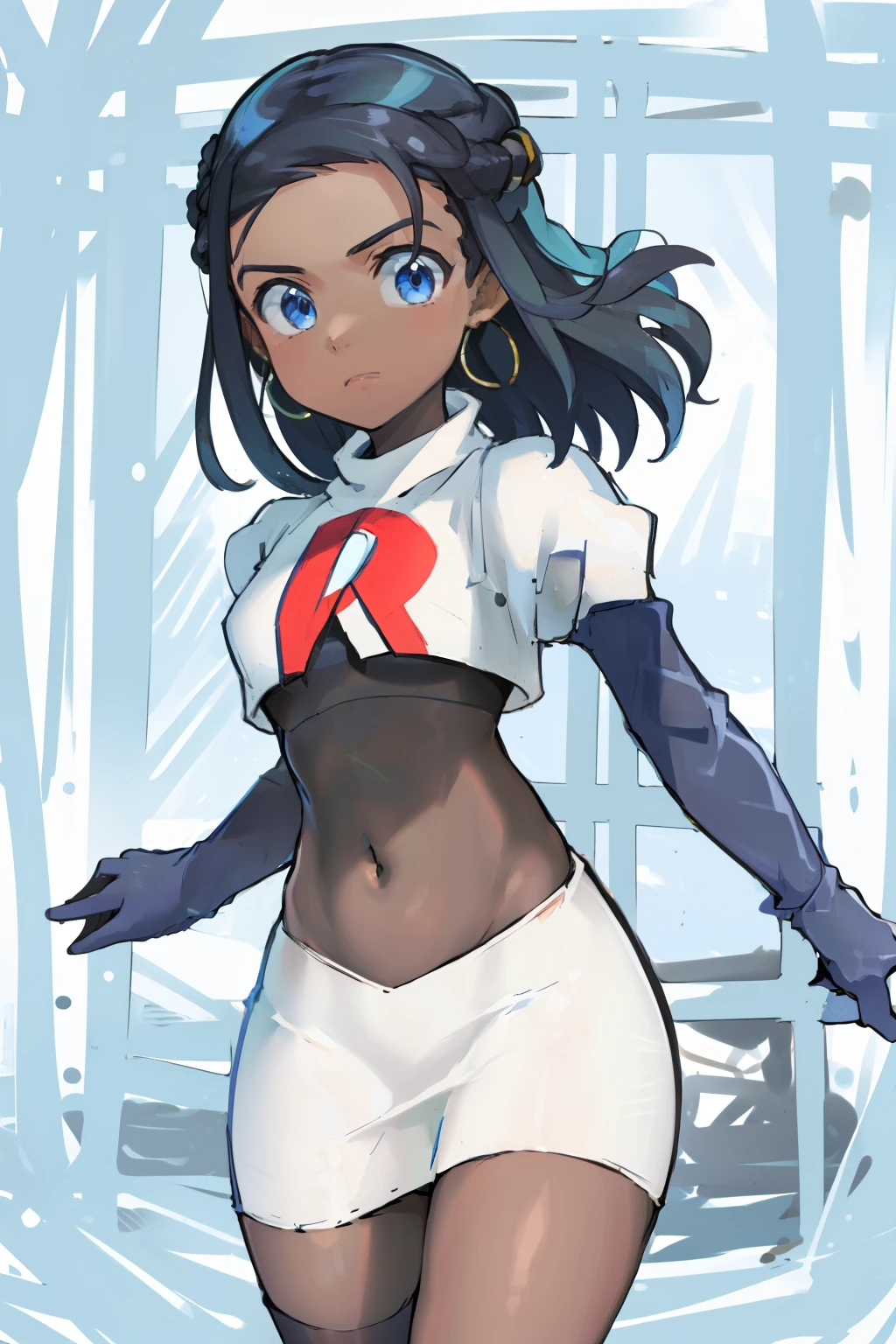 ((masterpiece,best quality)),  absurdres,
Nessa_Pokemon, 
1girl, solo, dark skin, blue eyes, black hair, blue hair, two-tone hair, earrings, 
solo, looking at viewer, cowboy shot, team rocket,team rocket uniform,white skirt,red letter R,crop top,black thigh-highs,black elbow gloves,,