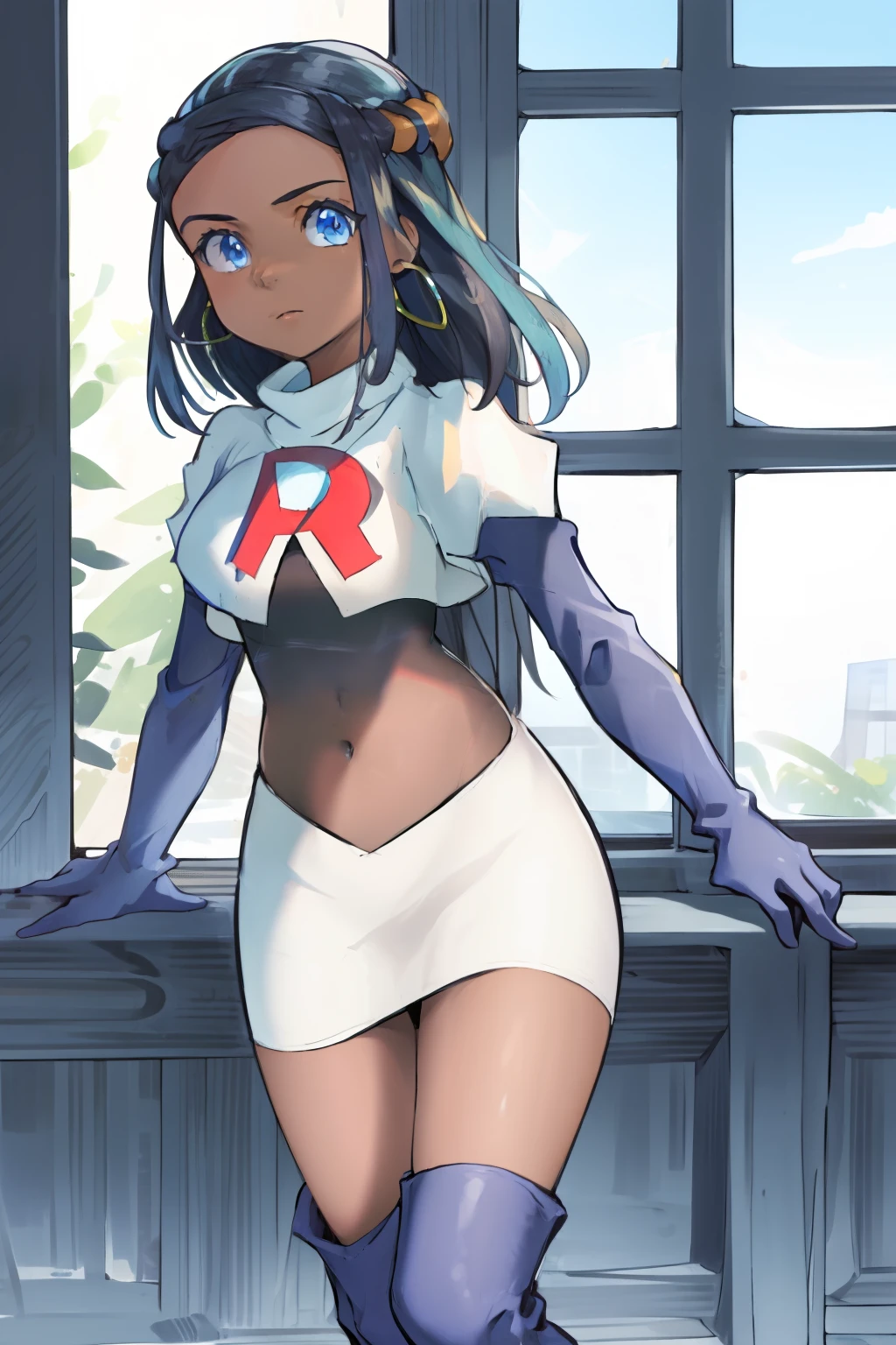 ((masterpiece,best quality)),  absurdres,
Nessa_Pokemon, 
1girl, solo, dark skin, blue eyes, black hair, blue hair, two-tone hair, earrings, 
solo, looking at viewer, cowboy shot, team rocket,team rocket uniform,white skirt,red letter R,crop top,black thigh-highs,black elbow gloves,,