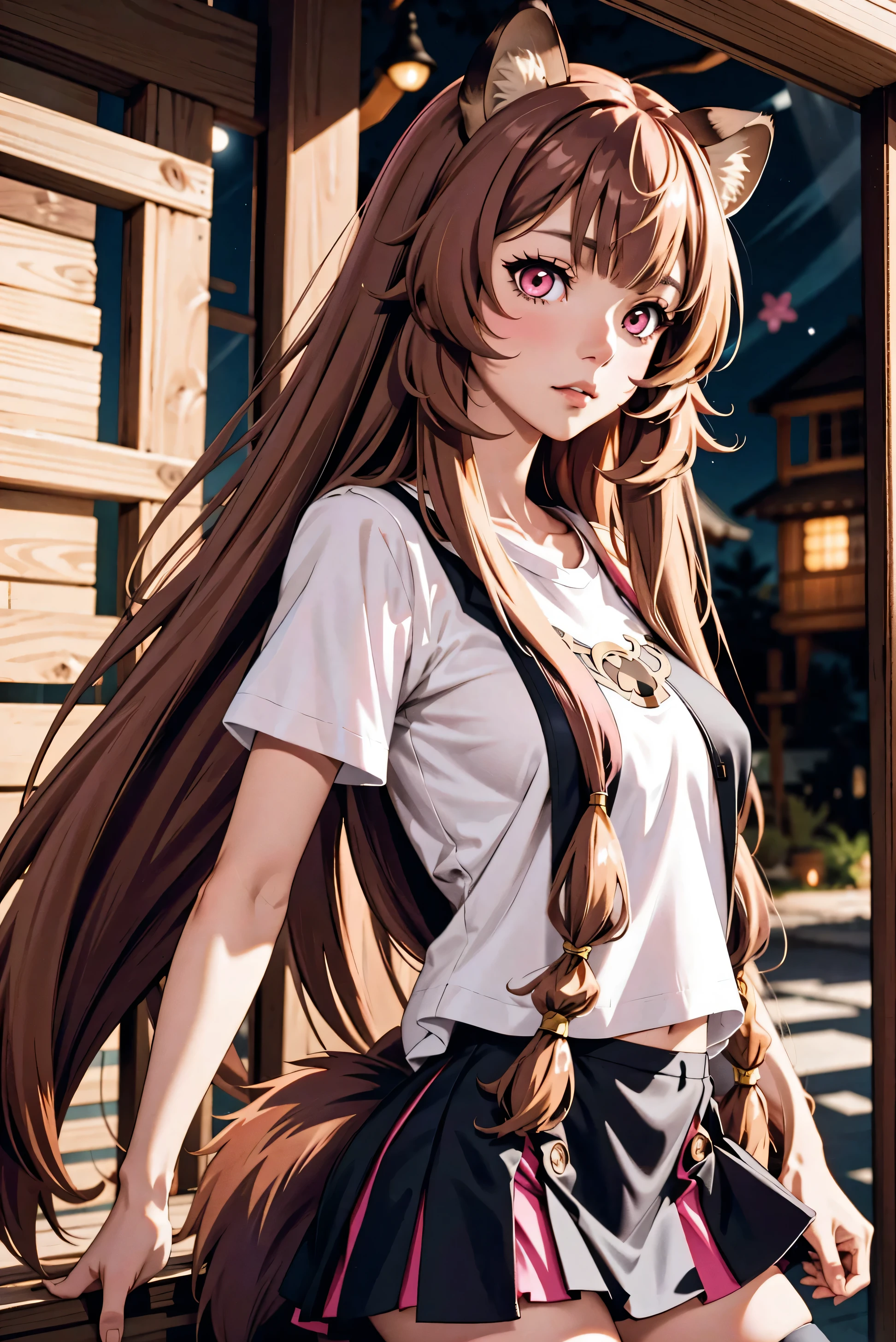 Raphtalia,long hair, animal ears, Raccoon ears, Raccoon Girl, racoon tail, very long hair, big breasts, in a miniskirt and white shirt, pink eyes, tired look, third