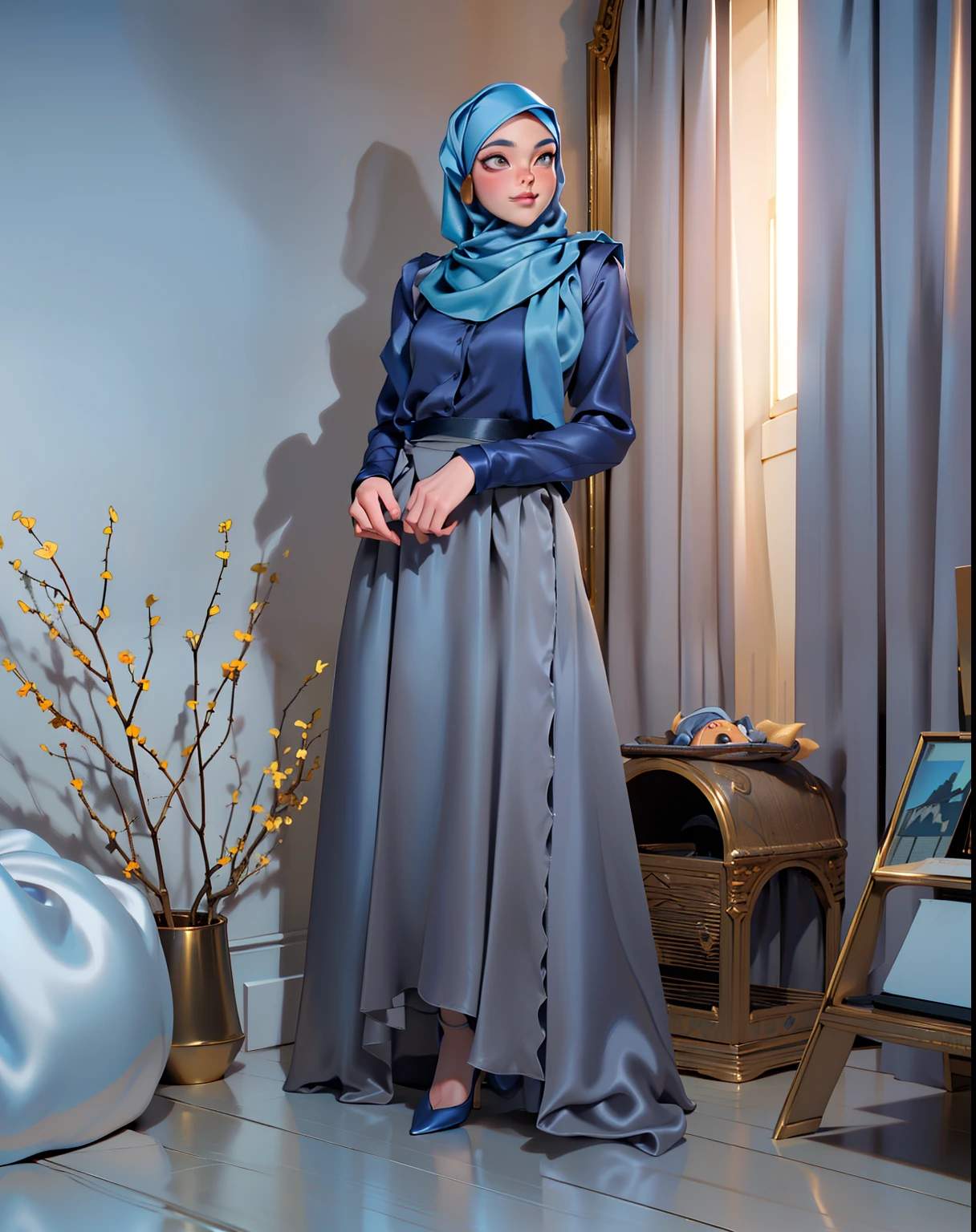 3dmm style, ((Masterpiece, best quality, photography, detailed skin, realistic, photo-realistic, 3D Character Design, pixar, real cartoon, High detail RAW colour art, diffused soft lighting, shallow depth of field, sharp focus, hyperrealism, cinematic lighting, ((close up)) hijab, a turkish lady, beautifully makeup, brown beautiful big eyes, long eye lashes, wearing ((Gray satin hijab)), loosely tide hijab style, ((blue satin shirt)), ((satin long maxi skirt))