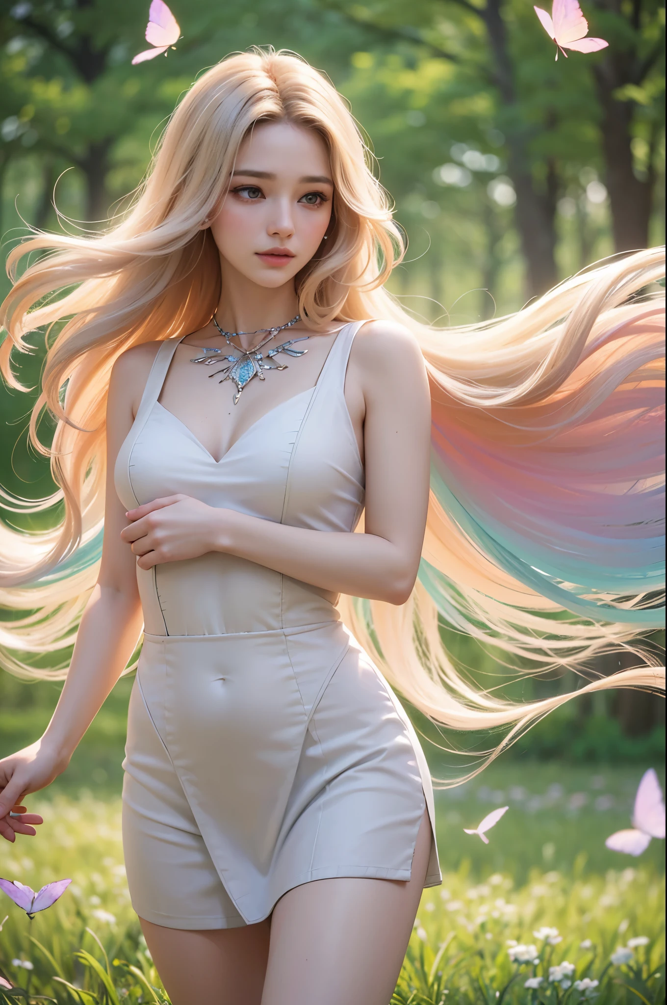 (best quality,4k,8k,highres,masterpiece:1.2),ultra-detailed,(realistic,photorealistic,photo-realistic:1.37),(1girl),beautiful detailed eyes,beautiful detailed lips,extremely detailed eyes and face,longeyelashes,dreamy expression,bright smile,(fractal art:1.3),colorful,highest detailed,aesthetic attire,flowing dress,expressive hands and fingers,soft and flowing hair,shimmering highlights, (studio lighting, vibrant colors),surreal background,blurred foreground,ethereal atmosphere, (symmetry, harmony),intricate patterns, (vivid colors, vibrant hues), (bokeh, soft focus),glowing light, (magic, fantasy),sense of movement, (dream-like, poetic), (atmospheric, enchanting), (magical realism), (dreamy, captivating),the girl is surrounded by floating flowers, (delicate, elegant), (mystical, otherworldly), (romantic, whimsical),she is standing barefoot on a meadow, (nature, serenity),butterflies and birds flying around, (playful, free-spirited),sunlight streaming through the trees, (warm, inviting), (serene, peaceful),the girl is gently holding a glowing orb, (mysterious, powerful), (universal, timeless),the overall color palette is vibrant and harmonious, (pastel shades, soft tones), (contrast, balance),capturing a moment of pure beauty and magic, (inspiring, breathtaking).