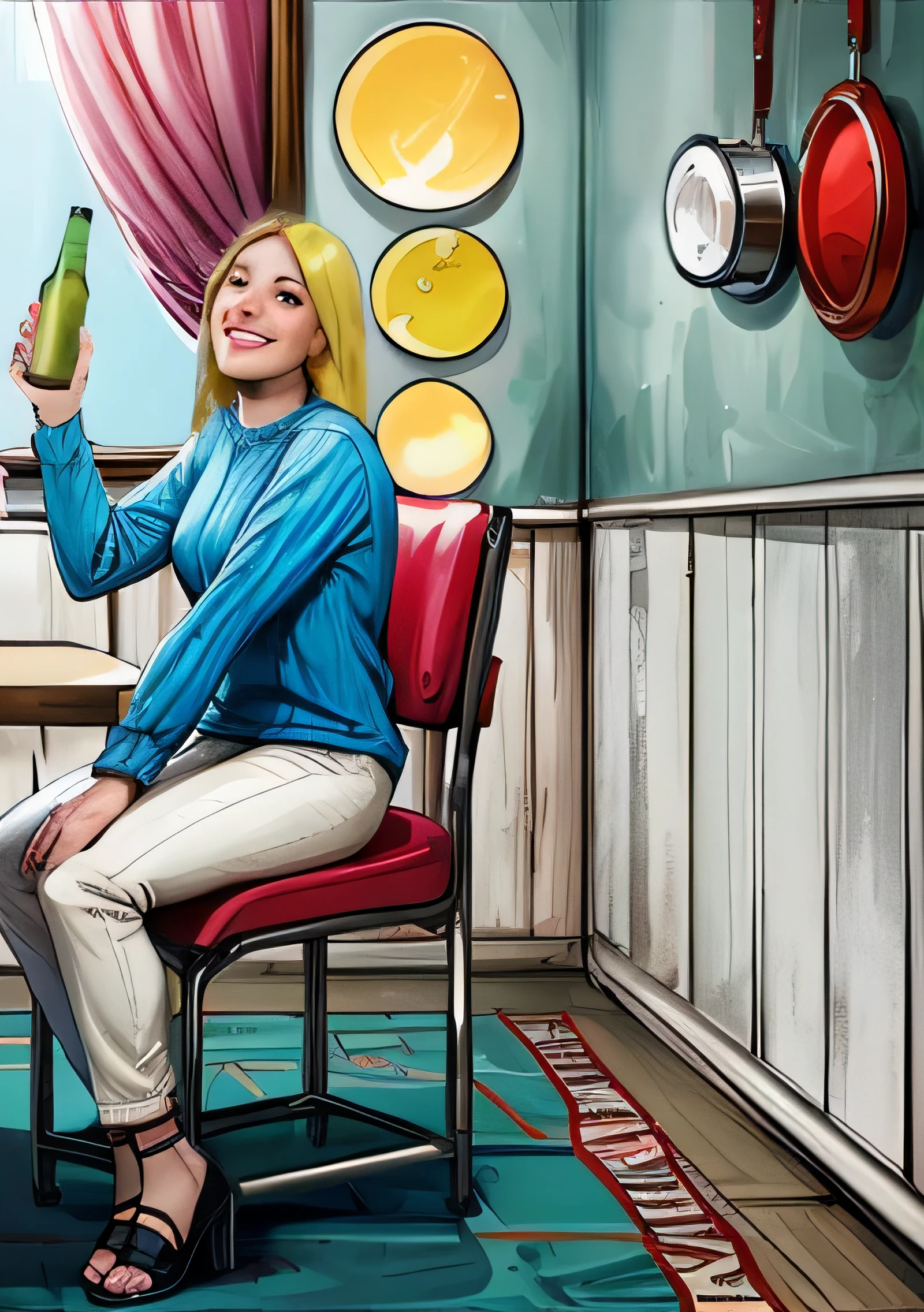 woman sitting at a table. smiling, sweedish, red chair, carpet on the floor,