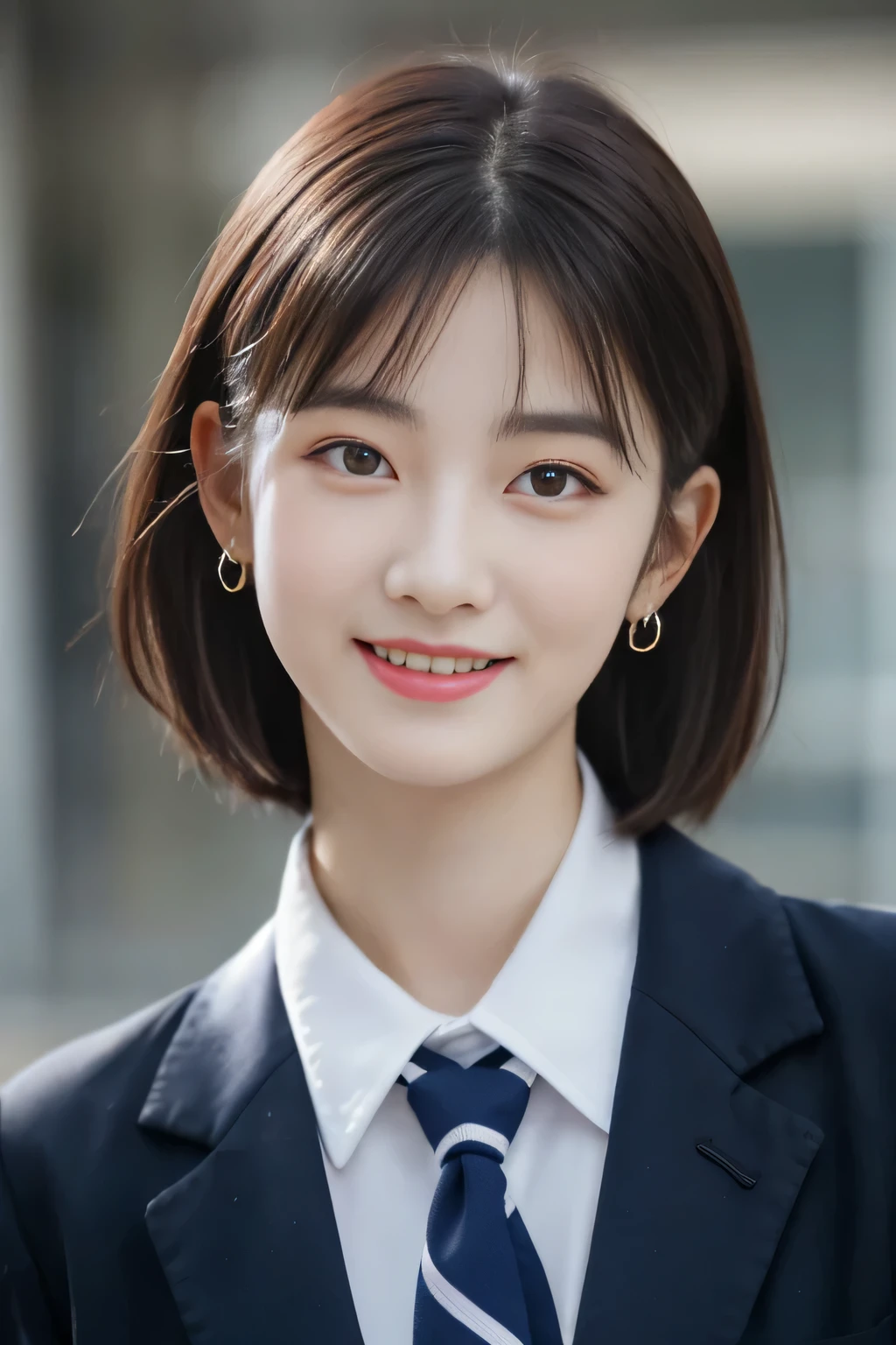 8K RAW photo, High resolution, 21 year old cool korean, big round breasts, school uniform, tie, tie ribbon, blazer, skirt, Beautiful eyes in detail, long eyelashes, beautiful double eyelids, eye shadow, long term, three white eyes, dark eye makeup, evil smile, beautiful thin legs, short hair gathered behind, earrings, school classroom