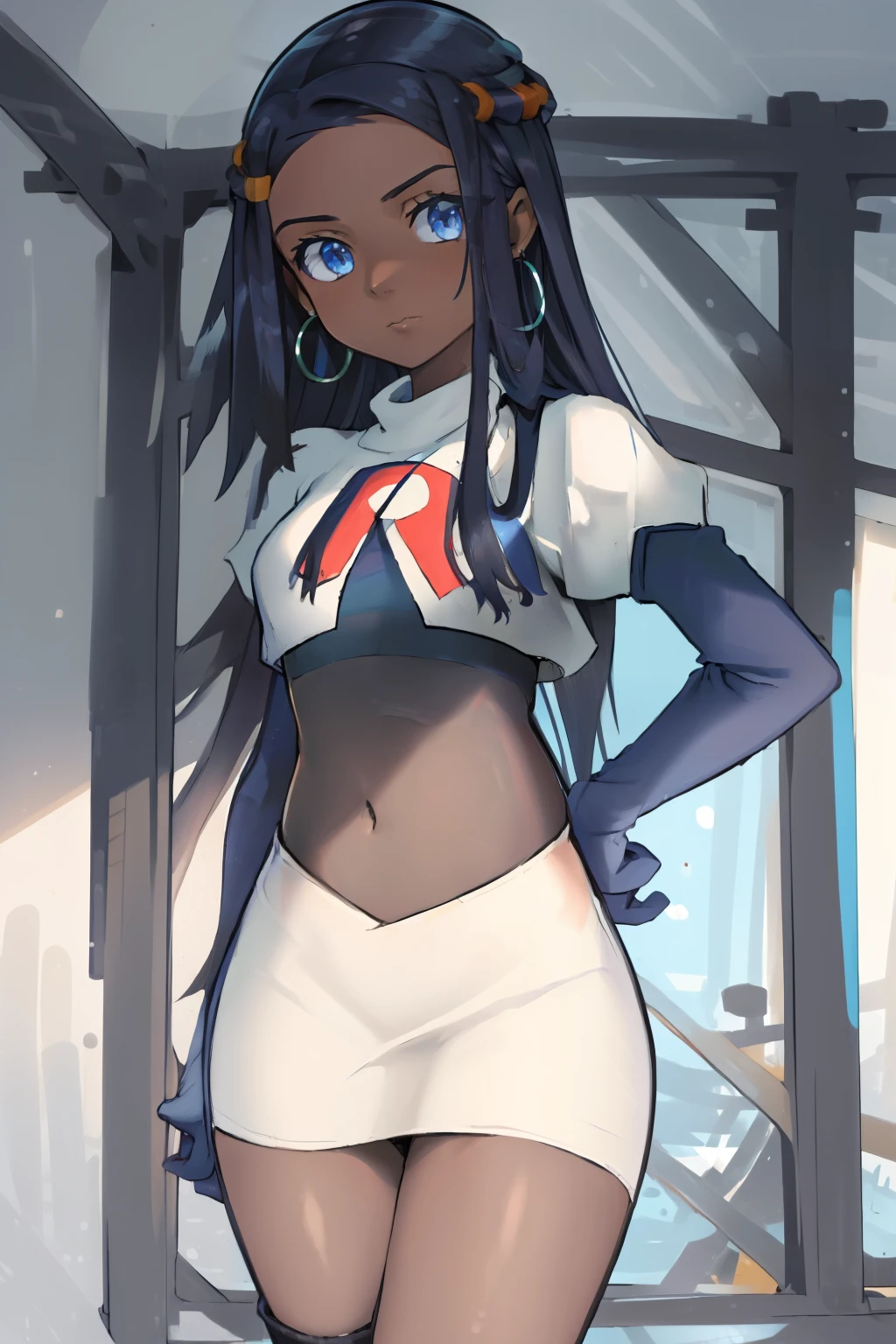 ((masterpiece,best quality)),  absurdres,
Nessa_Pokemon, 
1girl, solo, dark skin, blue eyes, black hair, blue hair, two-tone hair, earrings, 
solo, looking at viewer, cowboy shot, team rocket,team rocket uniform,white skirt,red letter R,crop top,black thigh-highs,black elbow gloves,,