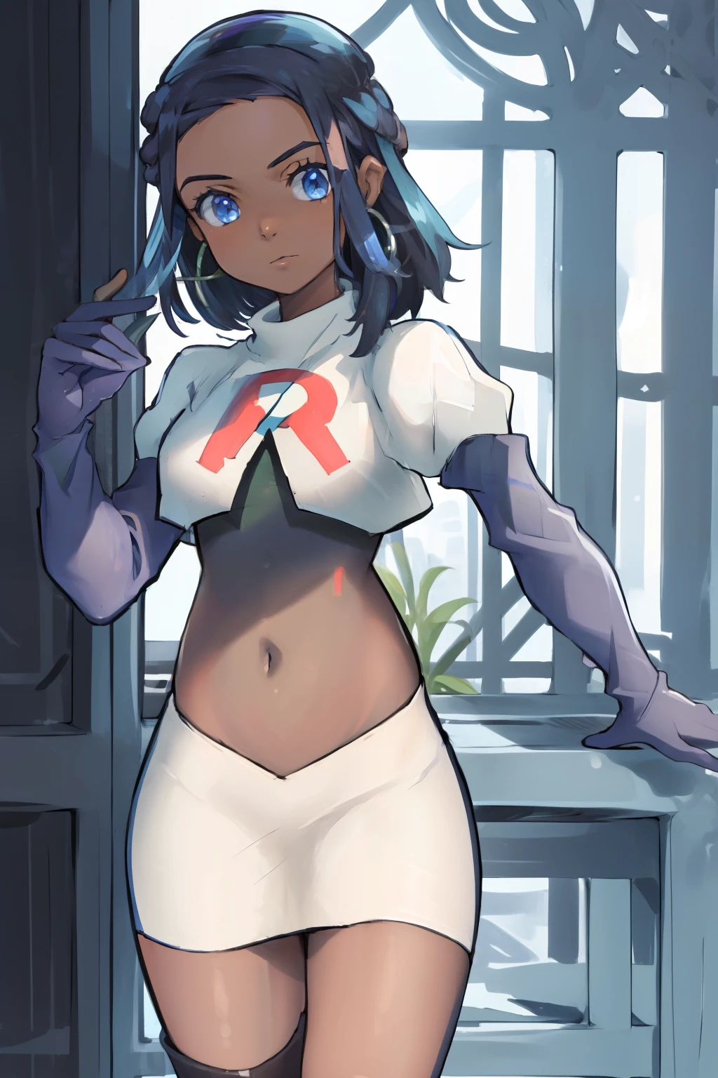 ((masterpiece,best quality)),  absurdres,
Nessa_Pokemon, 
1girl, solo, dark skin, blue eyes, black hair, blue hair, two-tone hair, earrings, 
solo, looking at viewer, cowboy shot, team rocket,team rocket uniform,white skirt,red letter R,crop top,black thigh-highs,black elbow gloves,,