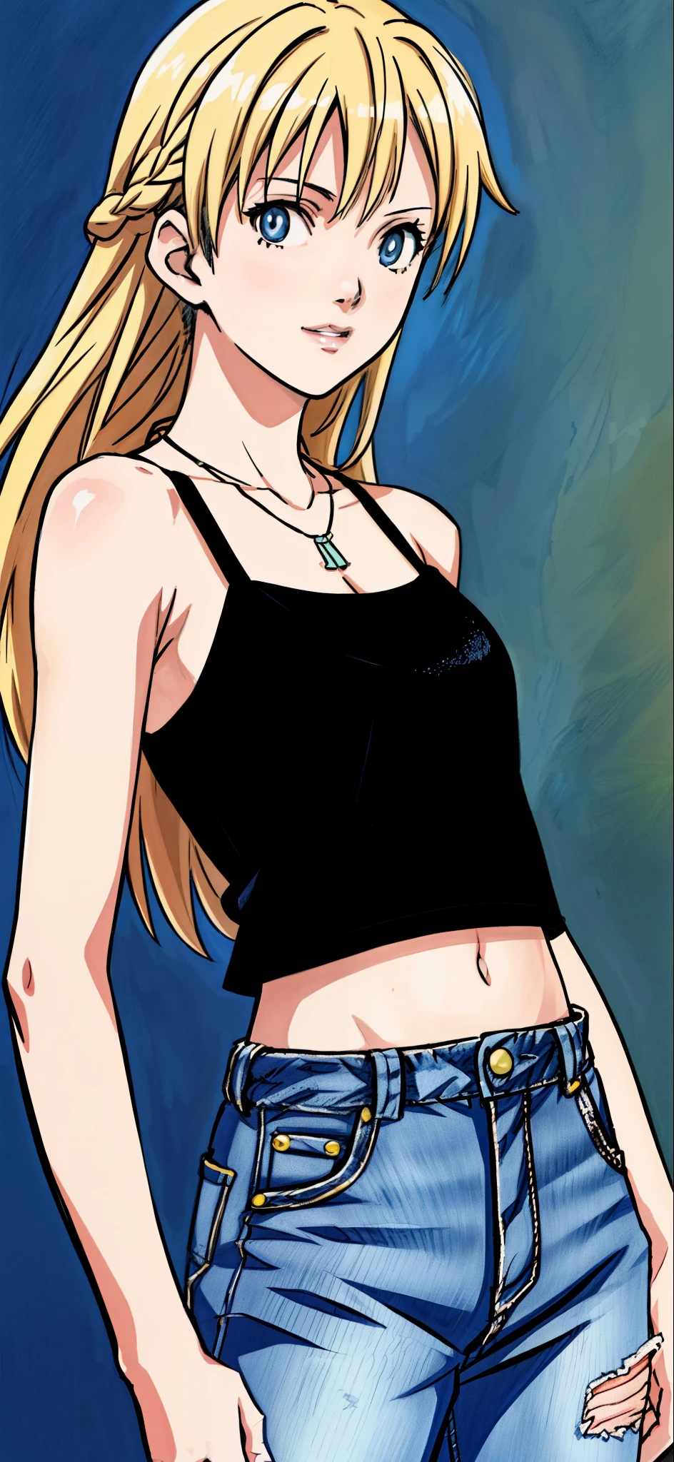 (highest quality,4K,8K,High resolution,table top:1.2), super detailed, (realistic,photorealistic,photo-realistic:1.37), ((face close-up)),rage, Unfortunate,((blonde hair)), ((long hair)),black camisole, damaged denim jeans,necklace,raise your right hand,beautiful and fine eyes, beautiful detailed lips, highly detailed eyes and face, long eyelashes, realistic anime 3D style, Smooth anime CG art, Digital rendering by Makoto Shinkai, Moe anime art style, photorealistic rendering of an anime girl, Shinkai Makoto style, Cute anime girl visuals, realistic young anime girl, girl fan art, Created by Anime Artist'studio of.