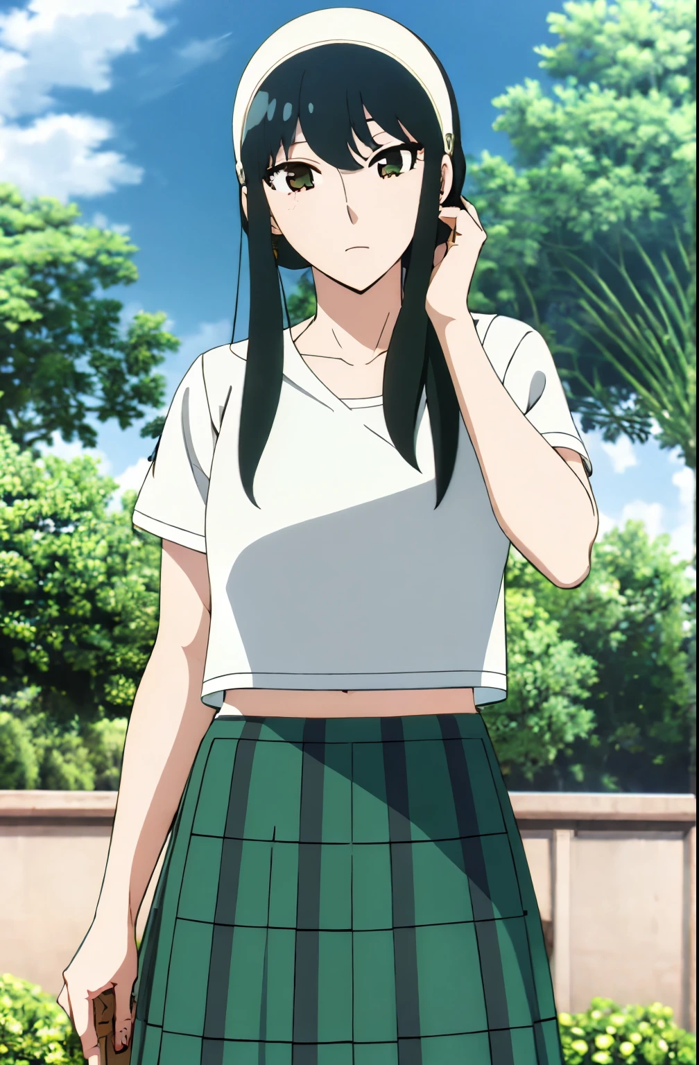 yor briar, GIRL, (Masterpiece: 1.1), (Best Quality: 1.1), Upper Body Bikini, (White Bikini: 1.1), (Plaid Skirt: 1.1), High Waist Skirt, Blake [Green Grass: Pink, :0.5] Themed, (Urban Background: 1.1), Denim Lenses, Blake Silver, Long, Green Eye, Landscape,