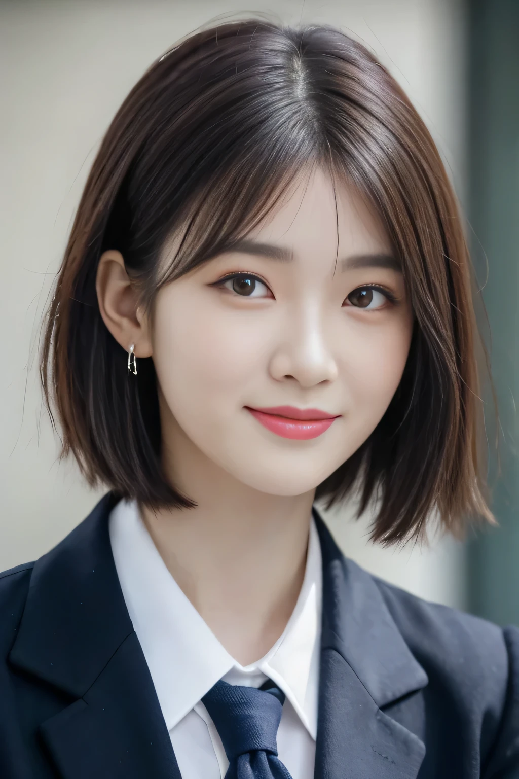 8K RAW photo, High resolution, 21 year old cool korean, big round breasts, school uniform, tie, tie ribbon, blazer, skirt, Beautiful eyes in detail, long eyelashes, beautiful double eyelids, eye shadow, long term, three white eyes, dark eye makeup, evil smile, beautiful thin legs, short hair gathered behind, earrings, school classroom