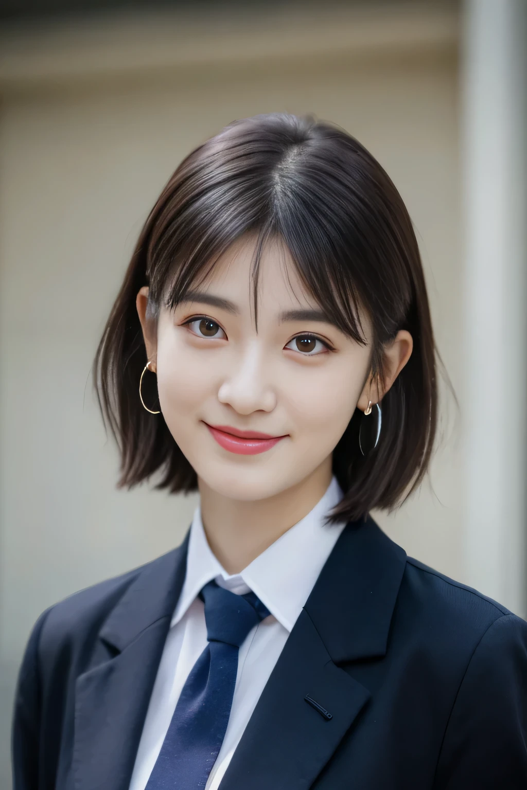 8K RAW photo, High resolution, 21 year old cool korean, big round breasts, school uniform, tie, tie ribbon, blazer, skirt, Beautiful eyes in detail, long eyelashes, beautiful double eyelids, eye shadow, long term, three white eyes, dark eye makeup, evil smile, beautiful thin legs, short hair gathered behind, earrings, school classroom