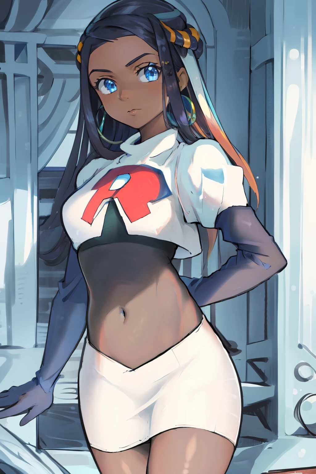 ((masterpiece,best quality)),  absurdres,
Nessa_Pokemon, 
1girl, solo, dark skin, blue eyes, black hair, blue hair, two-tone hair, earrings, 
solo, looking at viewer, cowboy shot, team rocket,team rocket uniform,white skirt,red letter R,crop top,black thigh-highs,black elbow gloves,,