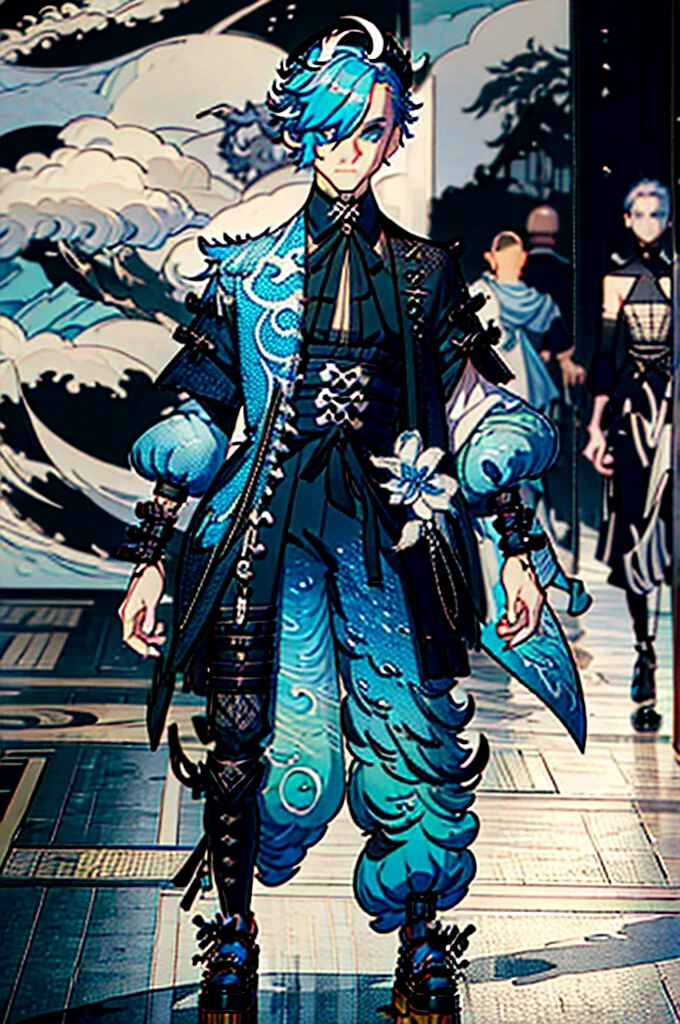 (cloud dragon theme:1.1), (floating fabric theme:1.2), street wear, male, man, boy, (avant garde fashion:1.2), (wearable art:1.2), (couture:1.2), oversized clothing, skintight clothing, fullbody