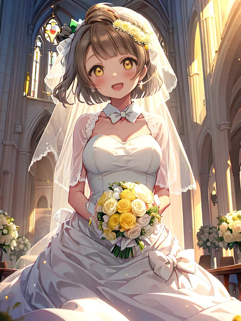 highest quality, masterpiece, High resolution, alone, {Minami_Kotori_lovelive:1.15}, short hair, bob hair,brown hair, one side up, smile, blush, bow, yellow eyes, , brown eyes, bangs, Open mouth,big breasts, 1 girl, Wedding dress,veil,bouquet,church,chapel,Sunlight