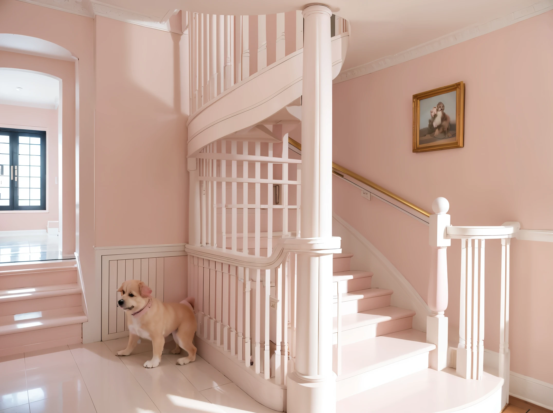 Masterpiece of a duplex building interior, bright and inviting with a light pink tone, illuminated by abundant natural light streaming through the windows. The stairs, leading upstairs, exude an elegant charm with their gold handrail and banisters, adding a touch of luxury. A cute dog lies at the foot of the stairs, engrossed in playful delight as it toys around with its favorite playthings. (masterpiece:1.4), (bright:1.2), (light pink tone:1.5), (staircase:1.3), (gold handrail:1.1), (cute dog:1.6)