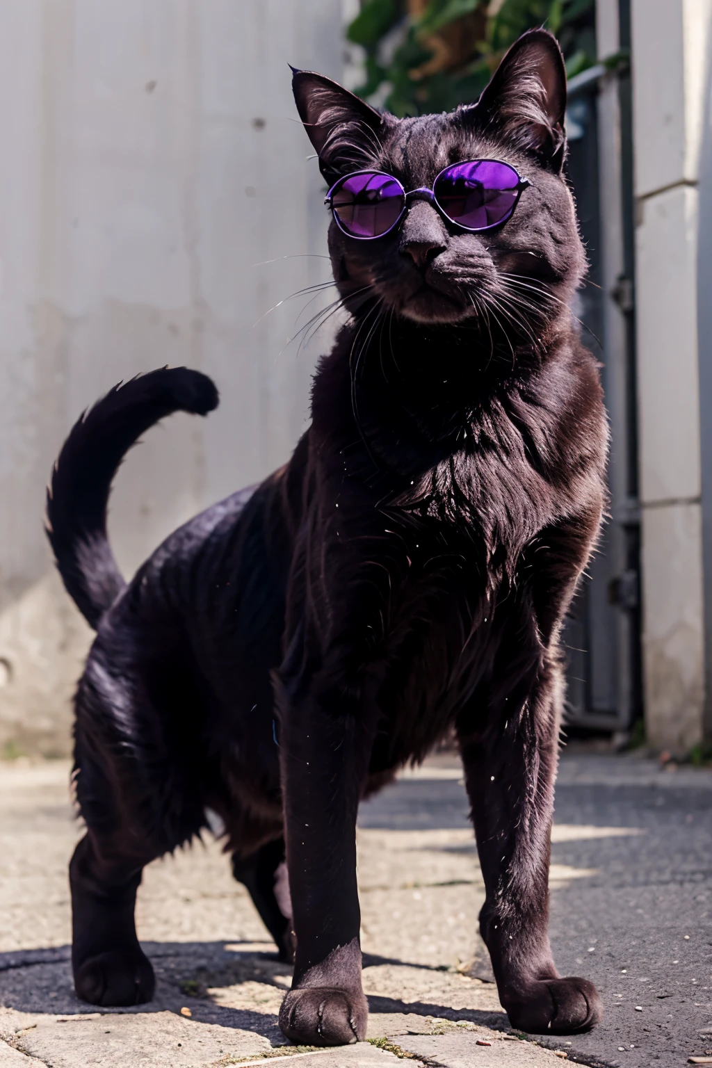 cat standing with purple sunglasses