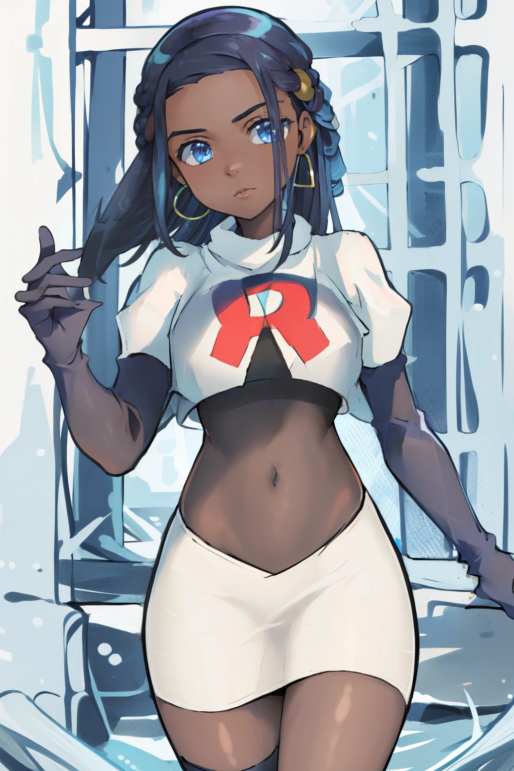 ((masterpiece,best quality)),  absurdres,
Nessa_Pokemon, 
1girl, solo, dark skin, blue eyes, black hair, blue hair, two-tone hair, earrings, 
solo, looking at viewer, cowboy shot, team rocket,team rocket uniform,white skirt,red letter R,crop top,black thigh-highs,black elbow gloves,,