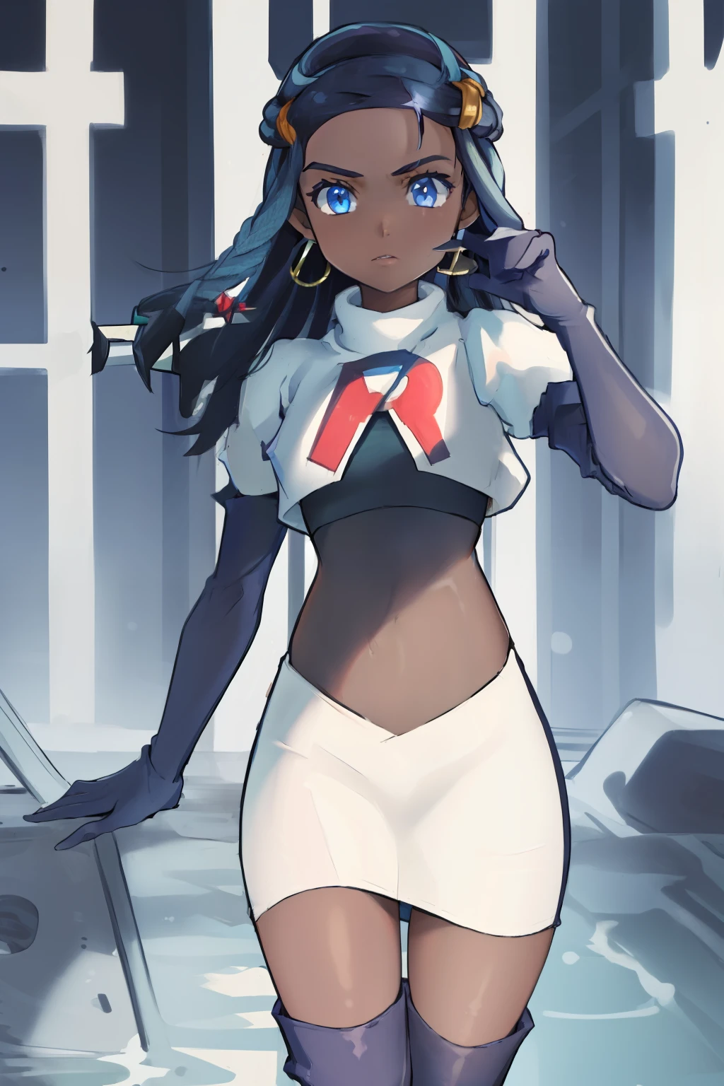 ((masterpiece,best quality)),  absurdres,
Nessa_Pokemon, 
1girl, solo, dark skin, blue eyes, black hair, blue hair, two-tone hair, earrings, 
solo, looking at viewer, cowboy shot, team rocket,team rocket uniform,white skirt,red letter R,crop top,black thigh-highs,black elbow gloves,,