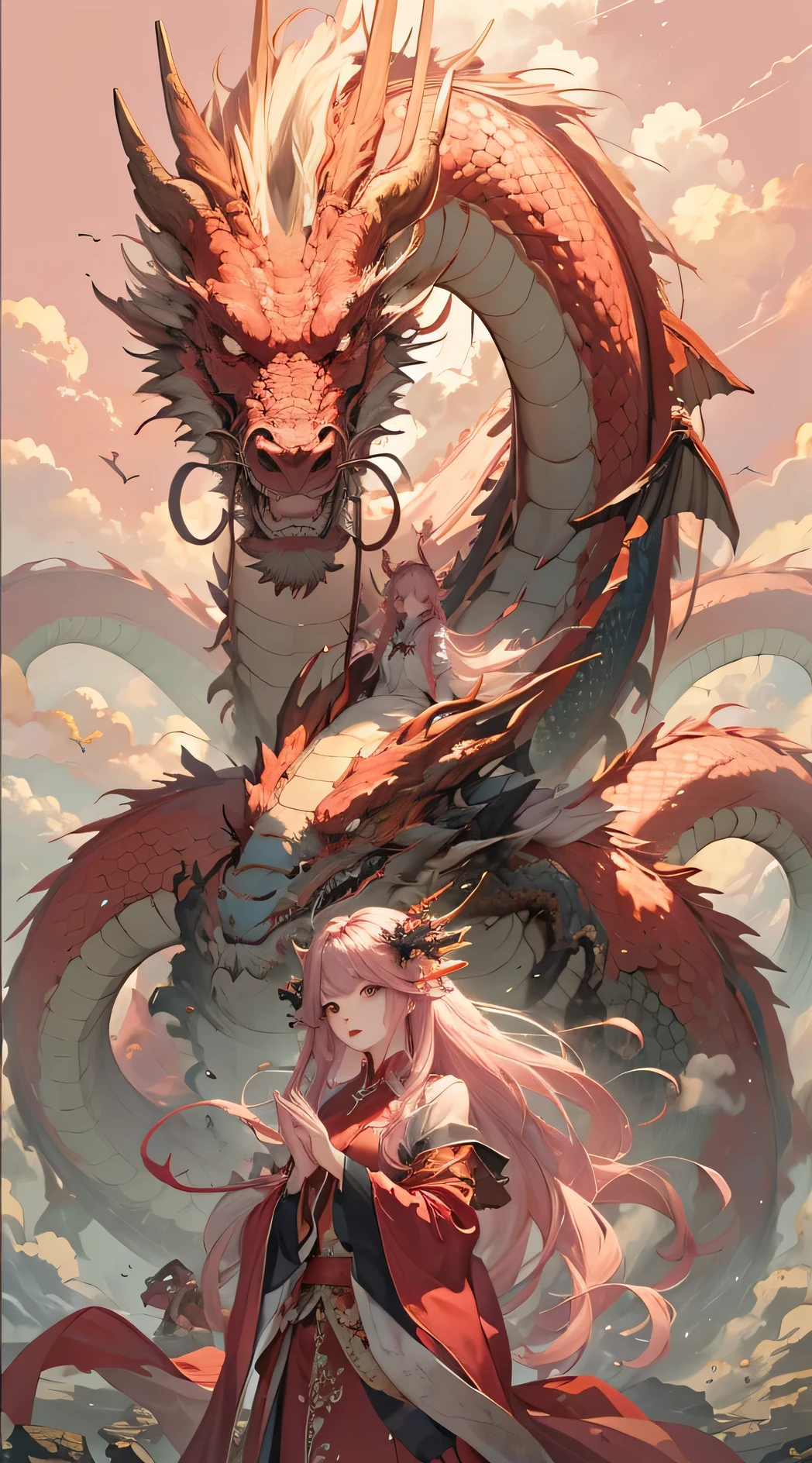 V-shaped eyebrows, light pink hair, long hair, best quality, masterpiece, high resolution, dragon, front, red tint, one person, 一条dragon, ,normal hand, normal facial features, 