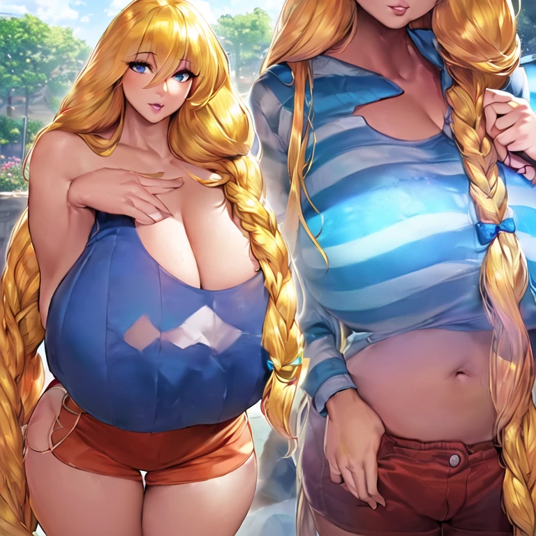 ((masterpiece)), ((best quality)), (ultra-detailed), absurdres, extremely detailed CG unity 8k wallpaper, Official Art, (realistic), beautiful face, detailed hands, expressive eyes, upper body, close up, solo, (scenery, illustration, dramatic lighting:1.1), (standing, arm at side, seductive smile, parted lips:1.2), (1girl, older girl, onee-san, big sister, wide hips, narrow waist, gigantic breasts, older, cassie, theycallhimcake, blonde hair, very long hair, braid, bow, striped shirt, red shorts, blue shirt, sharp eyelashes, thick lips:1.4), ((masterpiece)), absurdres, HDR