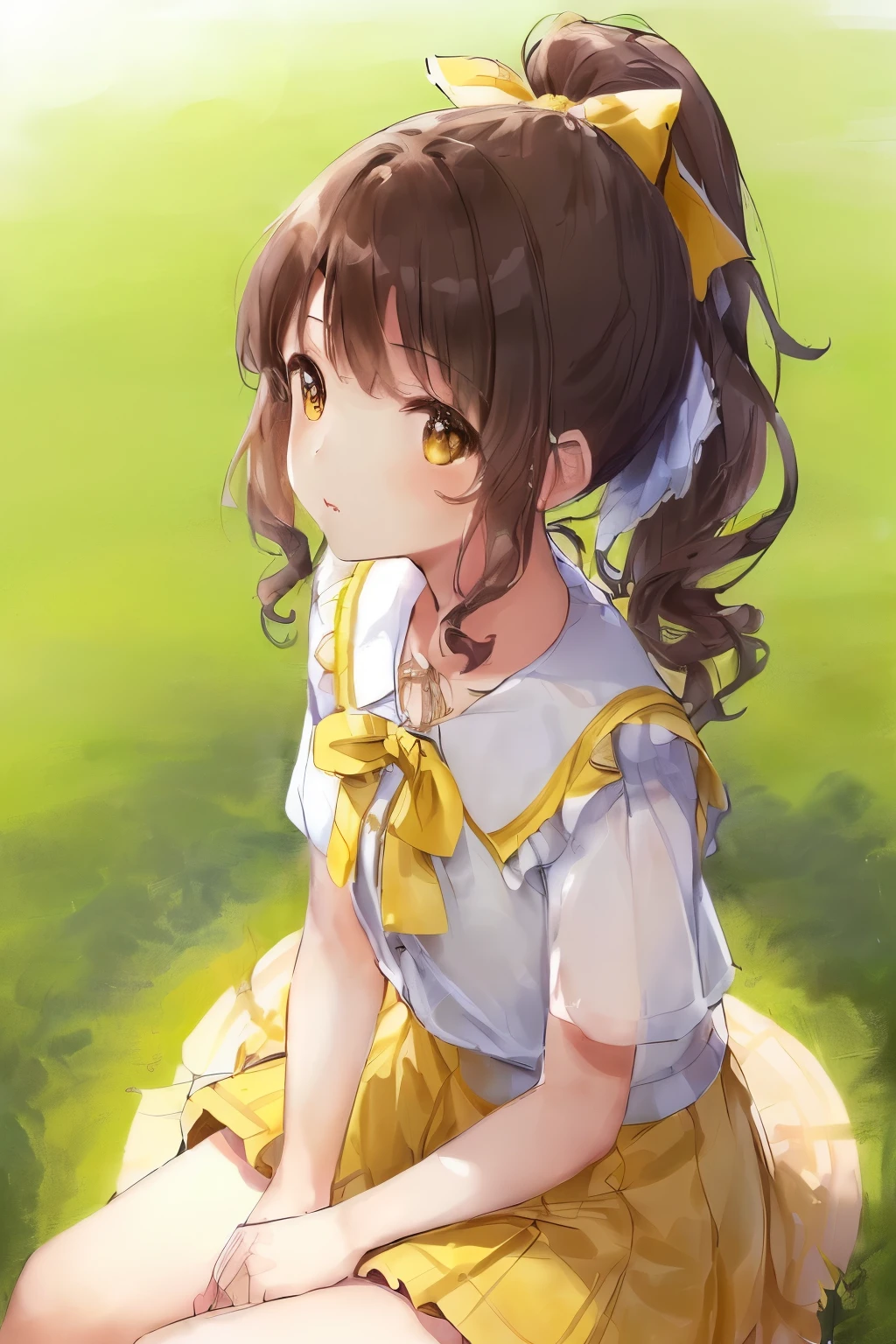 (Young girl: 1.2), ((Sitting on the grass: 1.2)), ((Short skirt: 1.3)), (FRom the side: 1.3), (Focus on face and chest: 1.2), ((Detailed face: 1.4)), (Natural complexion: 1.2), ((Loose ponytail: 1.2)), (Wavy brown hair: 1.2), ((Prettyexpression: 1.2)), ((Sippingonlemonade: 1.2)), (Cheerful aura: 1.3), (Holding a yellow sun hat: 1.2), ((In summer