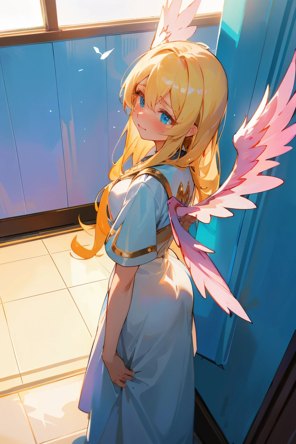 Un séraphin (A seraphim) -- A heavenly being, radiant and beautiful, with wings outstretched, looking down at a young girl. She stands frozen in embarrassment in the corner of a dimly lit bathroom. Her long, golden hair cascades down her back, framing her cute pink face. She wears a pretty white dress, the hem of which just covers the top of her mini skirt. Her blush deepens and her blue eyes fill with tears as she leaks pee onto the bathroom floor. She keeps her mouth shut, trying to remain as still and inconspicuous as possible, fearing to draw further attention to herself. Unseraphim's gentle gaze ling
