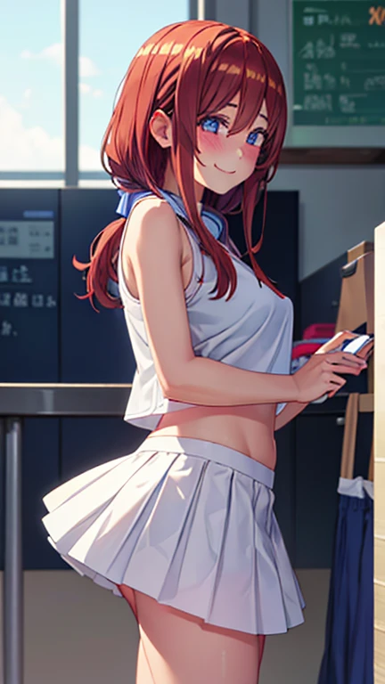 Highest image quality、cute face、smile、15 years old、small tits,tennis wear、skirt、white panties、Camera angle from below、white panties見えてる、