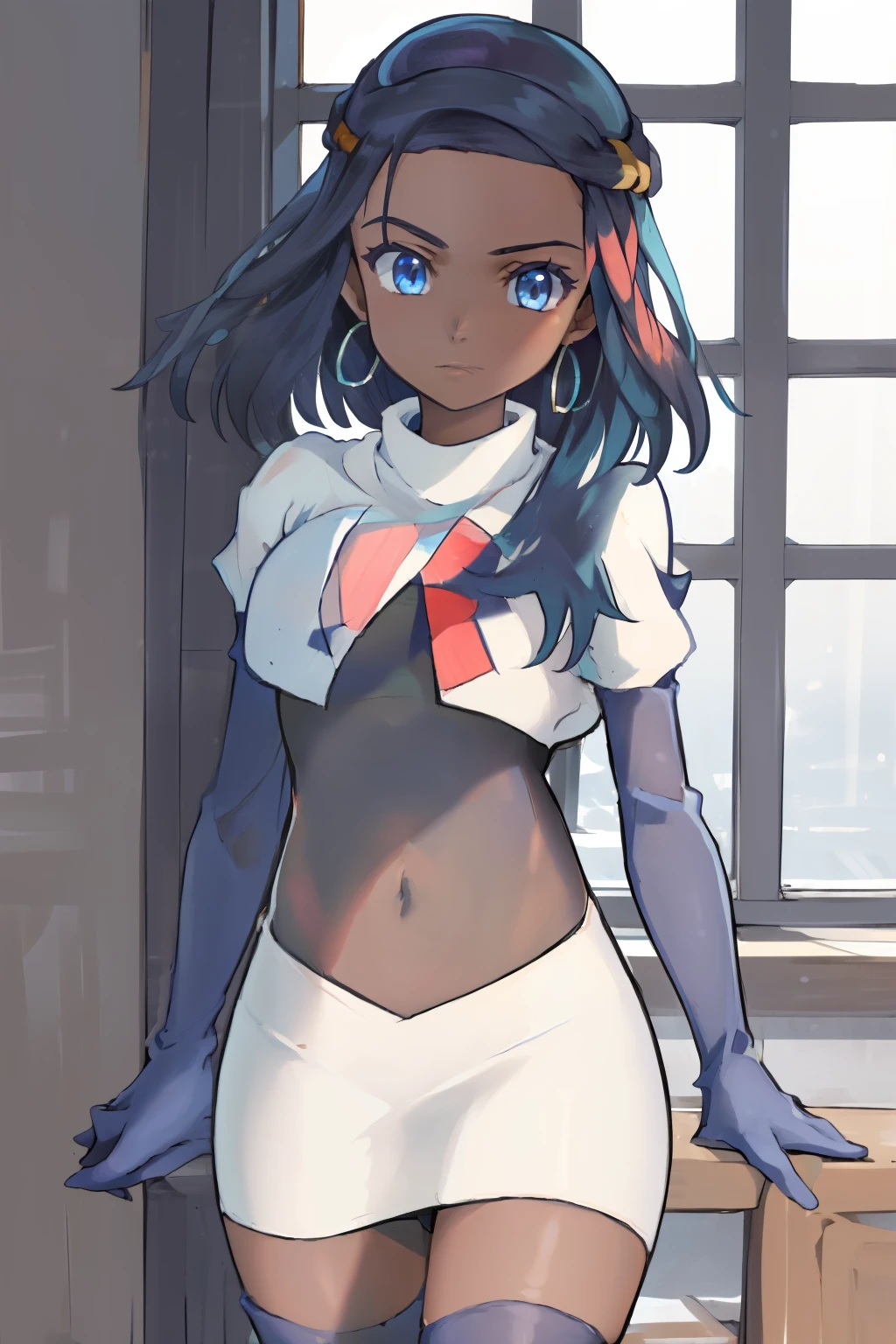 ((masterpiece,best quality)),  absurdres,
Nessa_Pokemon, 
1girl, solo, dark skin, blue eyes, black hair, blue hair, two-tone hair, earrings, 
solo, looking at viewer, cowboy shot, team rocket,team rocket uniform,white skirt,red letter R,crop top,black thigh-highs,black elbow gloves,,