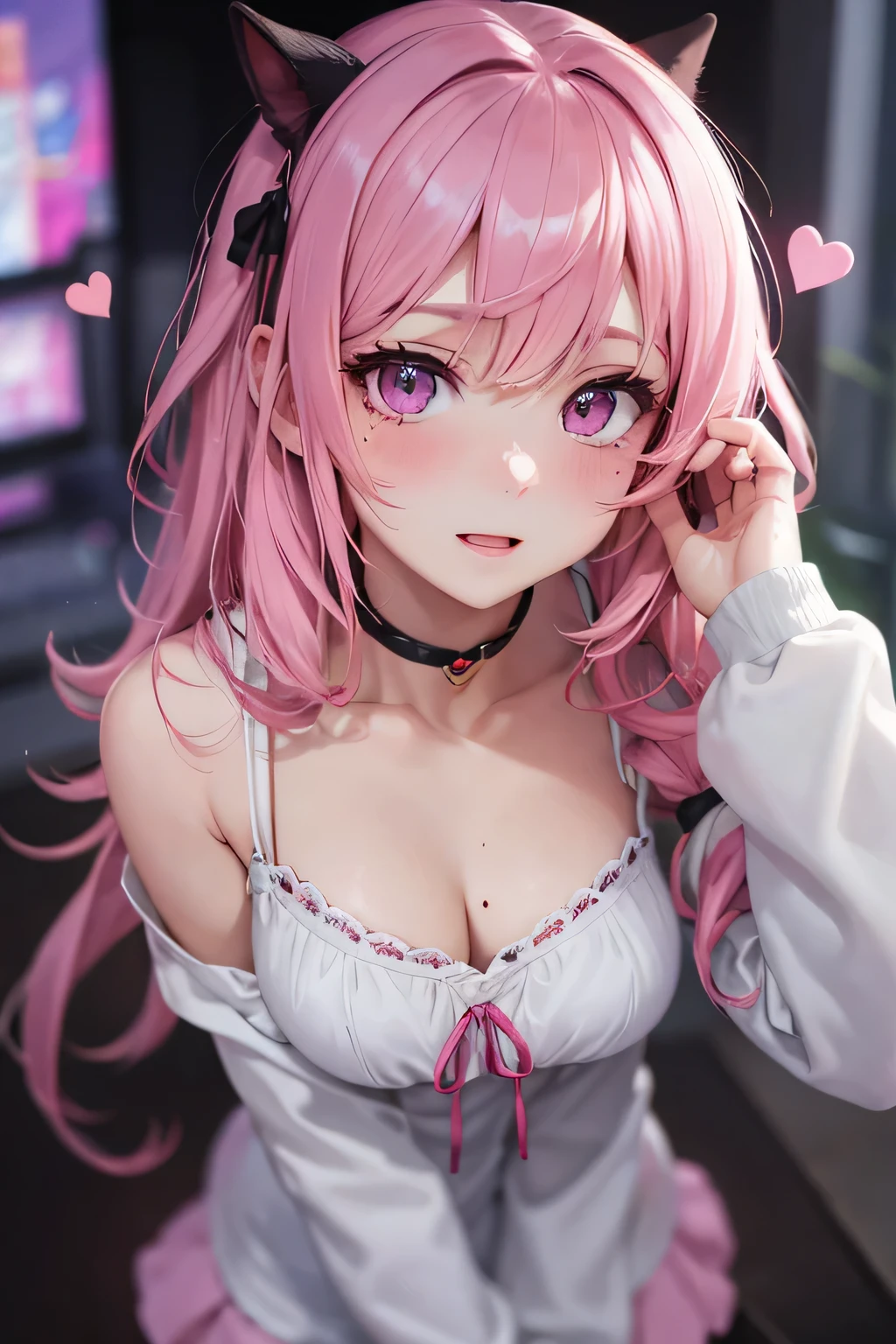 horizontal striped hair,Pink double ponytail hair, There is a mole under the eye, There is a mole under the mouth, heart shaped pupils, long eyelashes, pink eyes, sweetheart collar、Whole BodyEsbian、Gaze at the viewer、Shy, blush, nose blush,anime style, color loss, Ray tracing, bloom, one person'the opinion of, north african trade zone, Award-winning, 16k, best quality, high detail, high quality, on the table, high resolution, precise, Super details、will