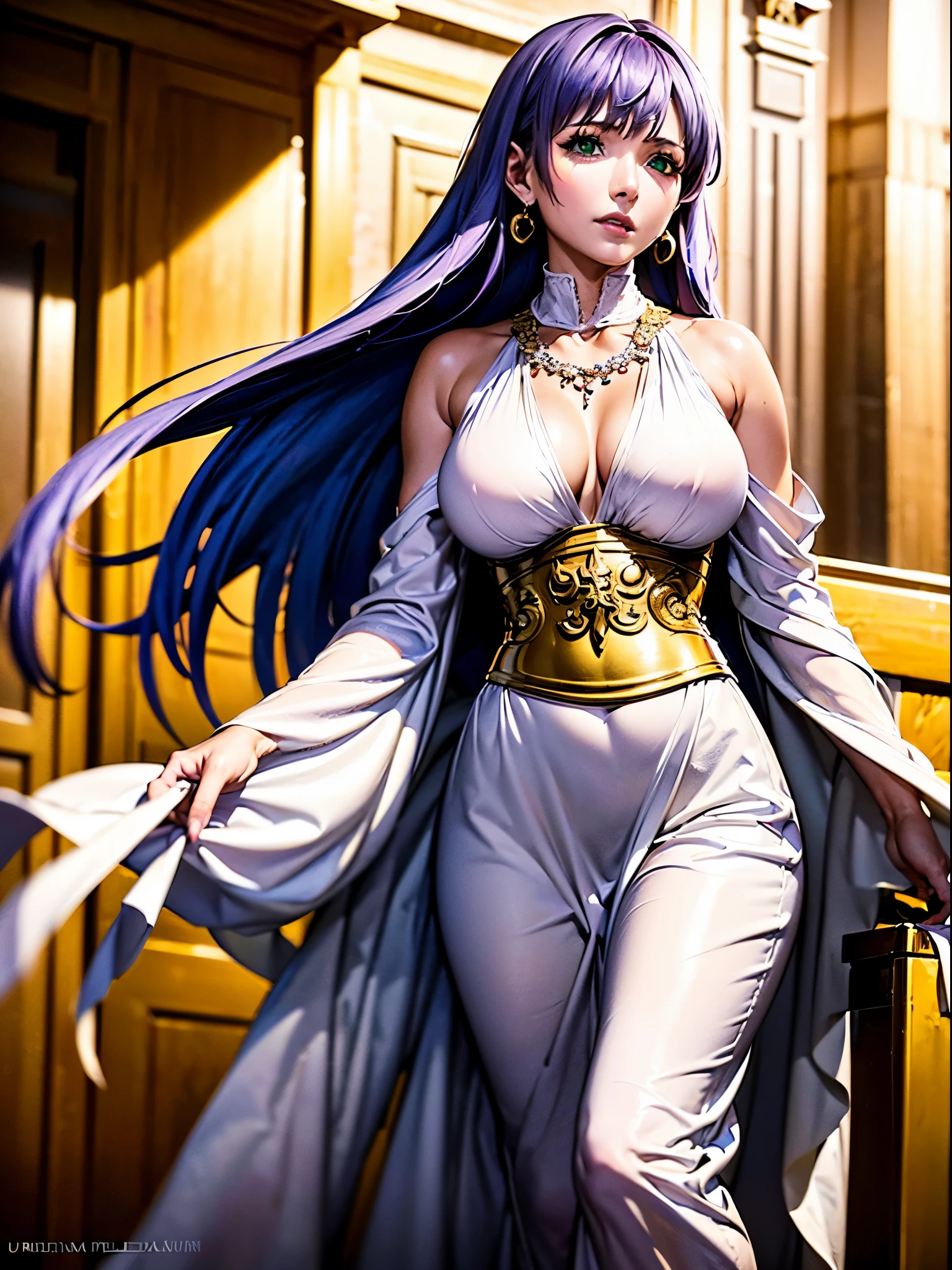 Masterpiece, best quality, 8k, ultra detailed, !(Sasha Atena, beautiful woman goddess, long, straight purple hair, !(light green eyes), perfect body, big breast. Her clothing consists of: A white dress with golden details, which symbolizes her purity and divinity. The dress has a long, pleated skirt, which gives it an elegant and majestic look. The neckline is round and modest, and the sleeves are short and puffy. (The dress also has a golden belt with a flower-shaped buckle, which holds a red cloth hanging from behind). A golden necklace with a heart-shaped pendant, expressing her love for her warriors and her friends. A pair of golden star-shaped earrings, which reflect your light and your hope)