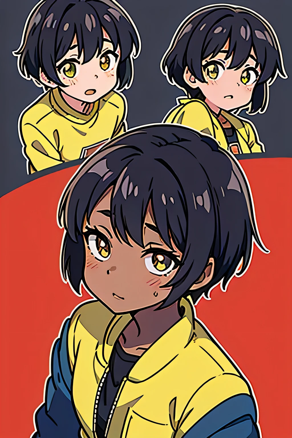 chica solitaria, piel oscura, ojos ambar, Camisa amarilla, jeans negros, short hair with a dark brown color, detailed eyes in high definition. She is depicted in the Evangelion Anatomy style as a young woman on a gray background... Her expression is flirtatious and she is blushing., mientras su boca sigue seria. The artwork features detailed lines and warm colors., with an effect that imitates a photographic section. Solo hay unas pocas hojas de fondo.. His hands are perfectly drawn., adding to the overall mastery of this digital drawing. Tiene pupilas grandes y su piel se describe como similar a la de Nagatoro.. Besides, ella lleva una chaqueta bomber y tiene un lazo en el pelo.