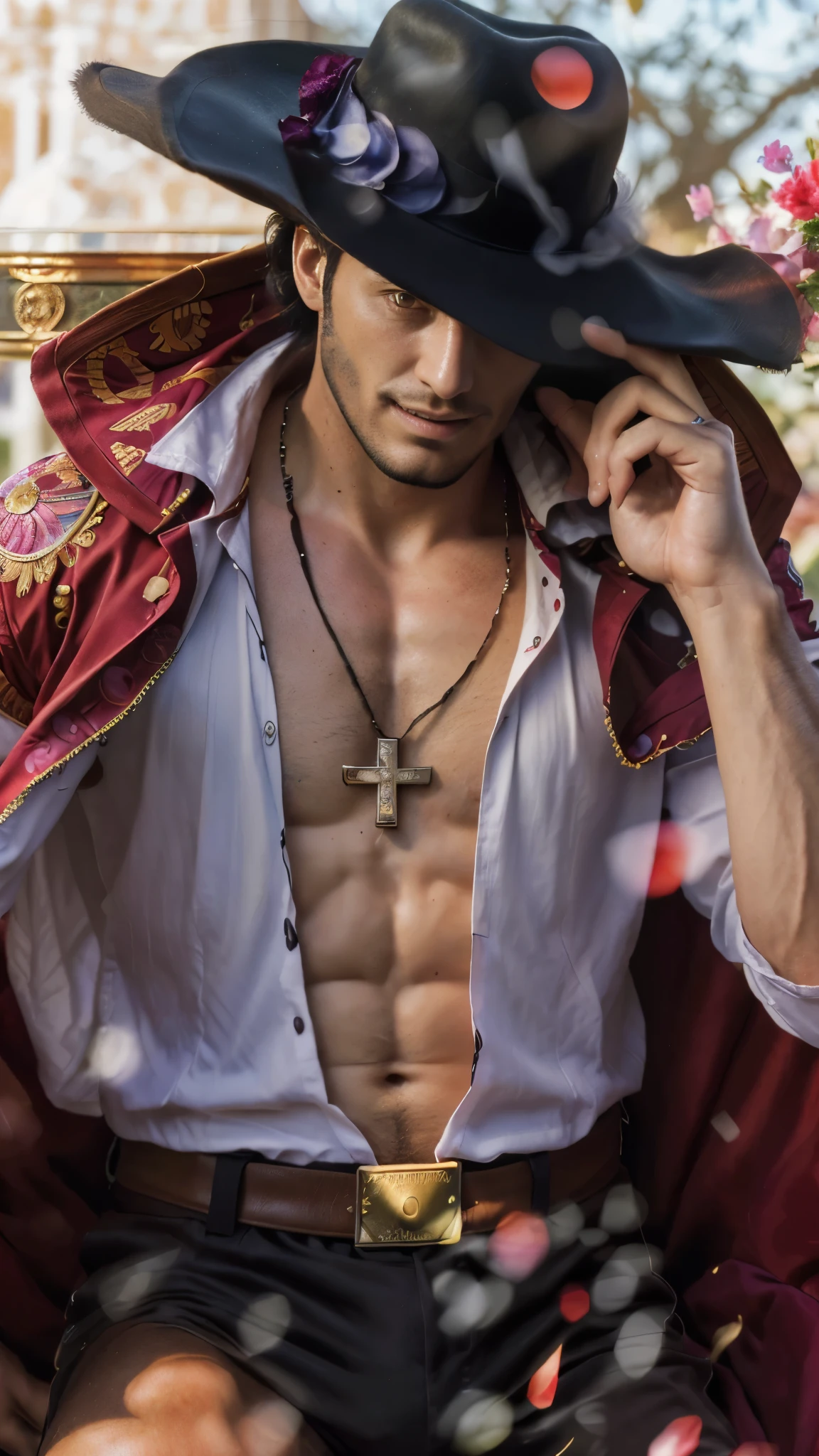 (masterpiece), (realistic), (ultra detailed), ( high reest quality), (photorealistic), (perfect face), (perfect anatomy), (((man))), (((male))), (((Spaniard))), (((30 years old))), (((muscular))), (((solo))), dracule mihawk from one piece, dracule mihawk,