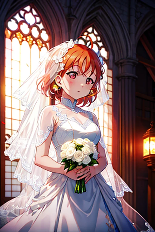 highest quality, masterpiece, High resolution, alone, {Chika Takami love live sunshine:1.15}, orange hair, red eye, long hair, Ahoge, , big breasts, 1 girl,Wedding dress,veil,bouquet,church,chapel,Sunlight