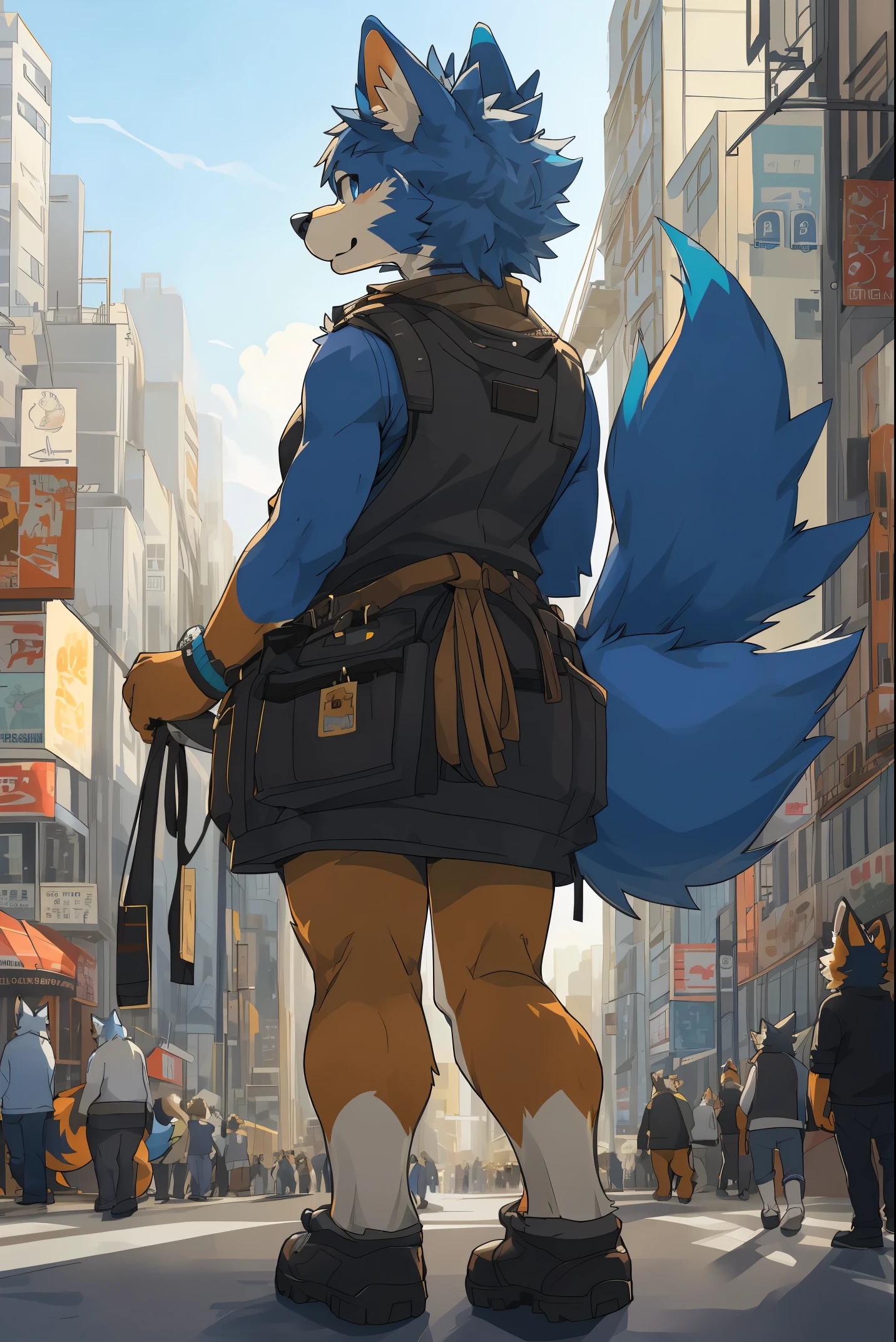 top quality, best quality, High-quality illustrations, masterpiece, super high resolution, detailed background, Crowded cityscape, Crowd(highly detailed beautiful face and eyes)absurdres, perfect anatomy(cute 1girl, warking, back view, kemono)(furry)(furry anthro:1.7)(Furry body, dog facial features, dog body features)(very detailed body fur)low angle full shot, shot from behind,