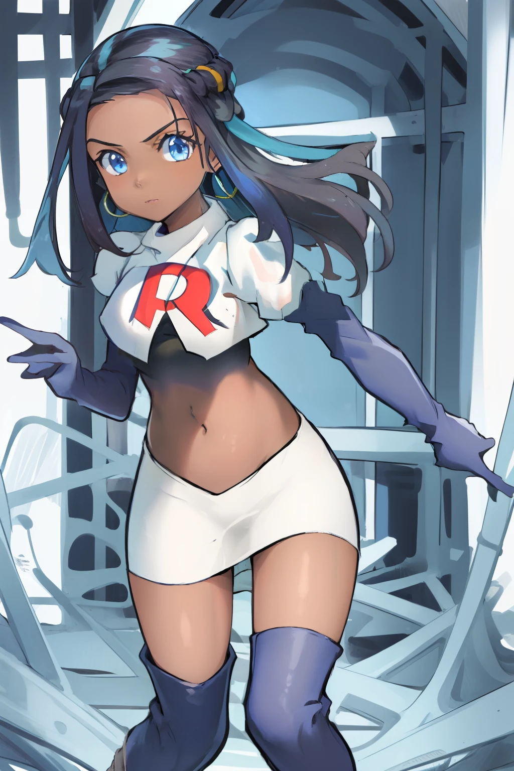 ((masterpiece,best quality)),  absurdres,
Nessa_Pokemon, 
1girl, solo, dark skin, blue eyes, black hair, blue hair, two-tone hair, earrings, 
solo, looking at viewer, cowboy shot, team rocket,team rocket uniform,white skirt,red letter R,crop top,black thigh-highs,black elbow gloves,,