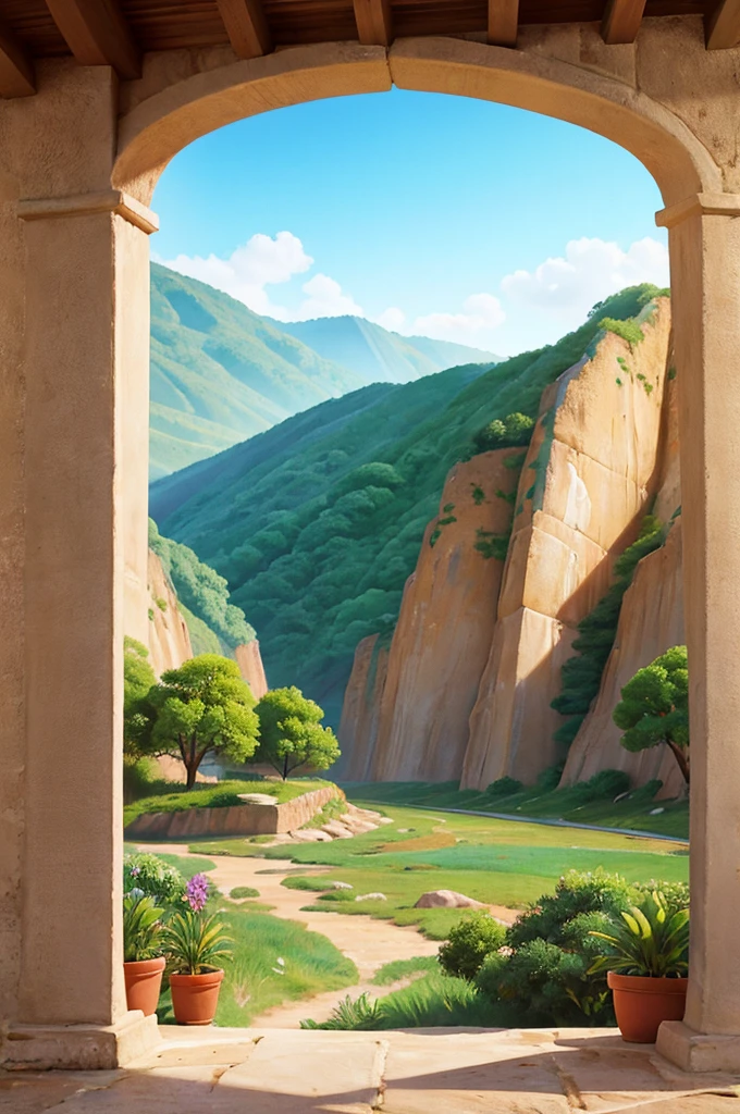 pintura feita em estilo aquarela, onde podemos ver uma estrada de terra que passa entre rios tumultuosos, surrounded by dark valleys and steep mountains, in a desert setting, com algumas tamareiras, Feito em estilo desenho de cartoon, Use the watercolor technique used to create the image, highlighting the soft brushstrokes and translucent colors that bring the scene to life.