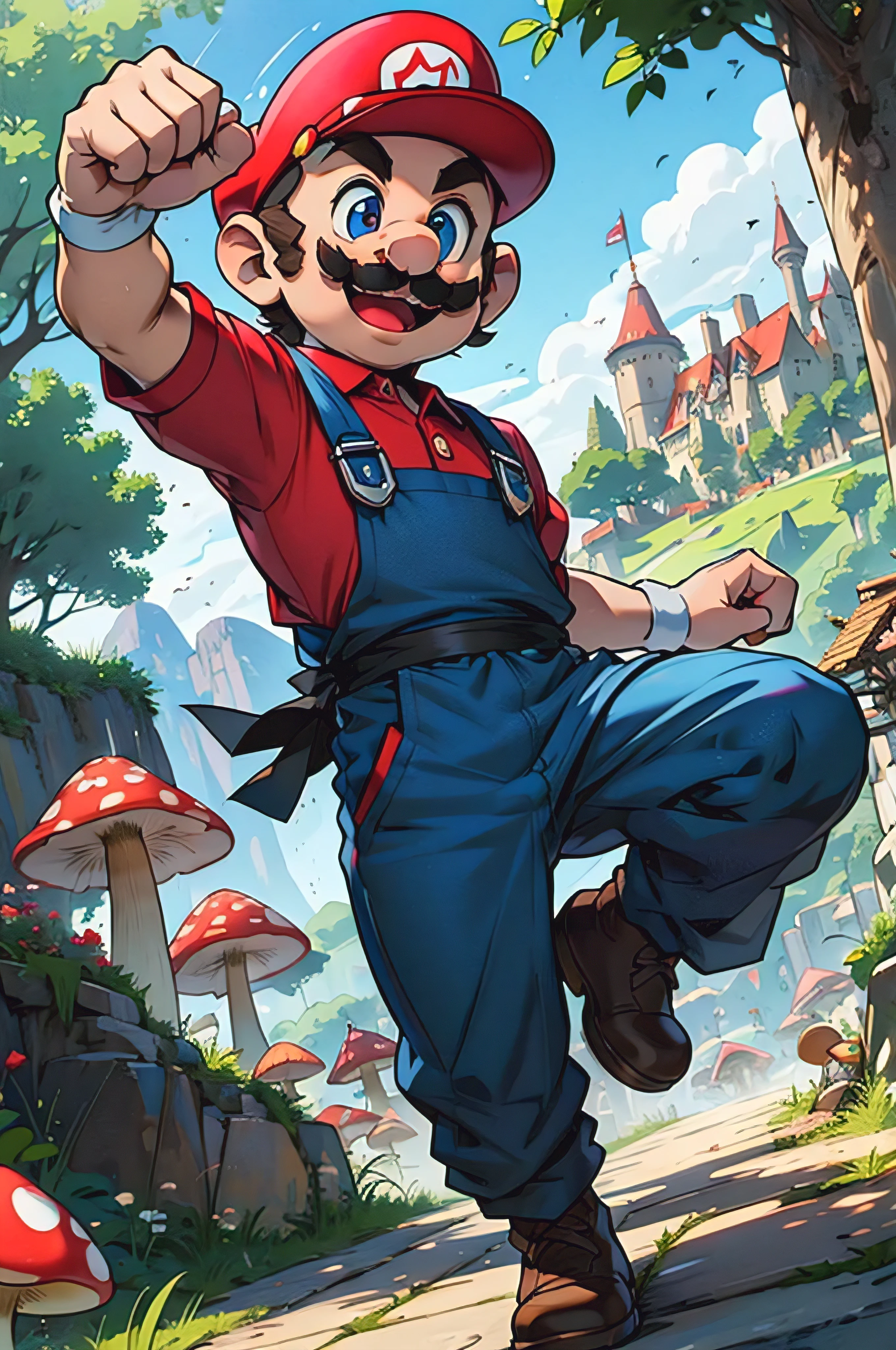 (chef-d&#39;ouvrages d&#39;art), (meilleure qualité) Supermario, salopette bleue, t-shirt rouge, une casquette rouge, Souriant, 1garçon, Homme de petite taille, petit homme, jambes courtes, Escarpins à soutiens-gorge, dessin animé, Sauter, pose dynamique, expression dynamique, sourire, (poing levé:1.1), Grandes mains, Gros pied, (Gants blancs:1.1), Royaume champignon en arrière-plan, champignons géants en arrière-plan, contexte détaillé, Château aux toits roses sur une montagne en arrière-plan, dessin animé style, Yeux définis, yeux bleus, dents blanches