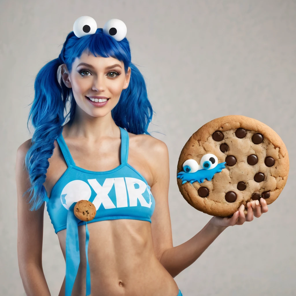 (best quality, highres, ultra-detailed), (realistic:1.37)

Image divided into 8 parts, catalog of different types of "Cookie Monster" next to stunning ponytailed Czech anorexic sexy woman,, (vivid colors), (concept artists), natural lighting